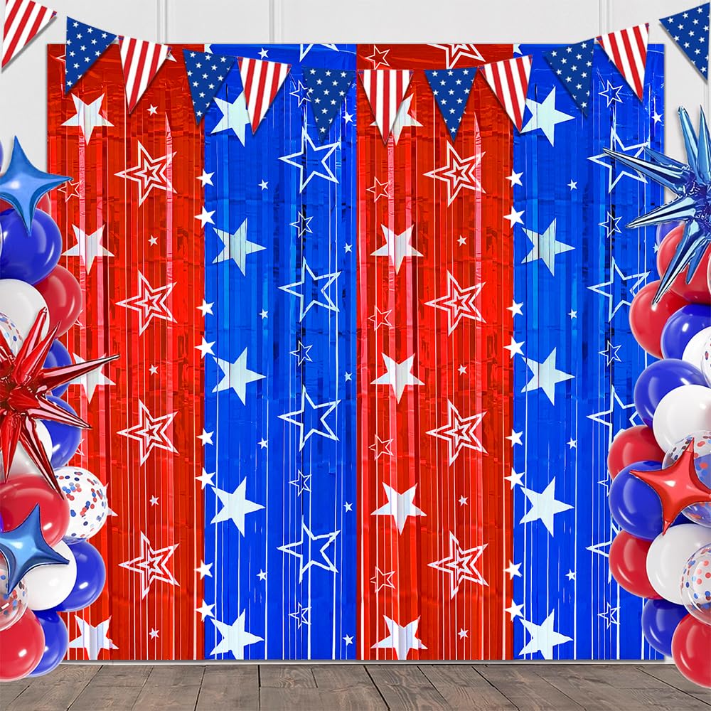 Photo 1 of Labor Day Backdrop Decorations, 4 Pack 3.28 x 6.56 Ft Star Red Blue Labor Day Foil Fringe Curtains Streamers Tinsel Photo Booth Props for Veterans Day Patriotic Party Decorations Supplies