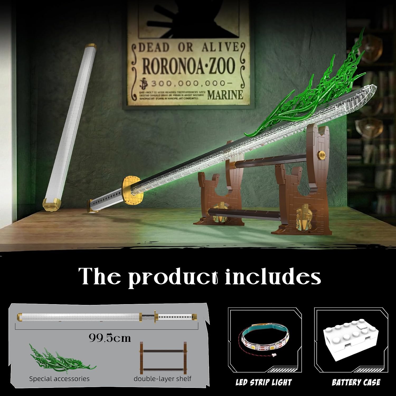 Mould King 10258 Zoro Sword Building Set, 39.17" Lightsaber Model with Rechargeable LED Light & Display Stand, DIY Assembly STEM Kit for Adults, Creative Collectible Sci-Fi Toy & Cosplay Gift Idea