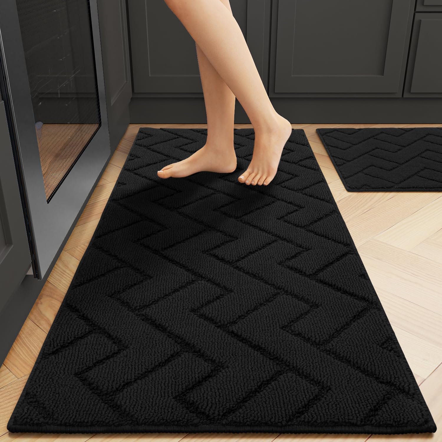 hicorfe Kitchen Rugs and Mats Sets,2 Pieces Super Absorbent Polypropylene Non-Slip Rug,Soft Comfort Floor Mat,Washable for Kitchen,Hallway,Office,Sink,Laundry(20" x 32"+20" x 48",Black)
