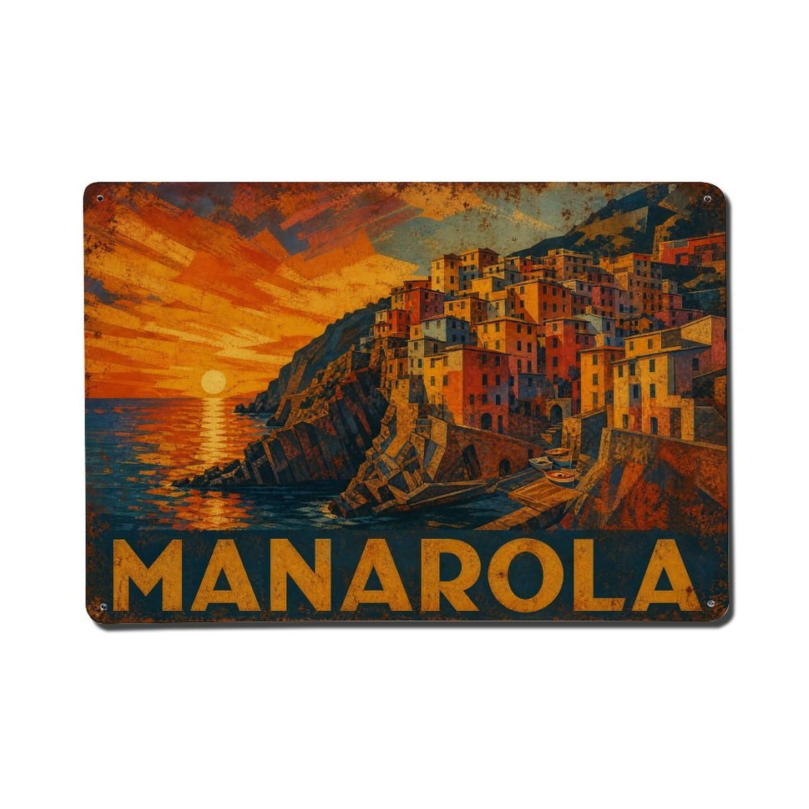 Vintage Travel Manarola Sunset Glow Golden Village Italy Metal Tin Sign