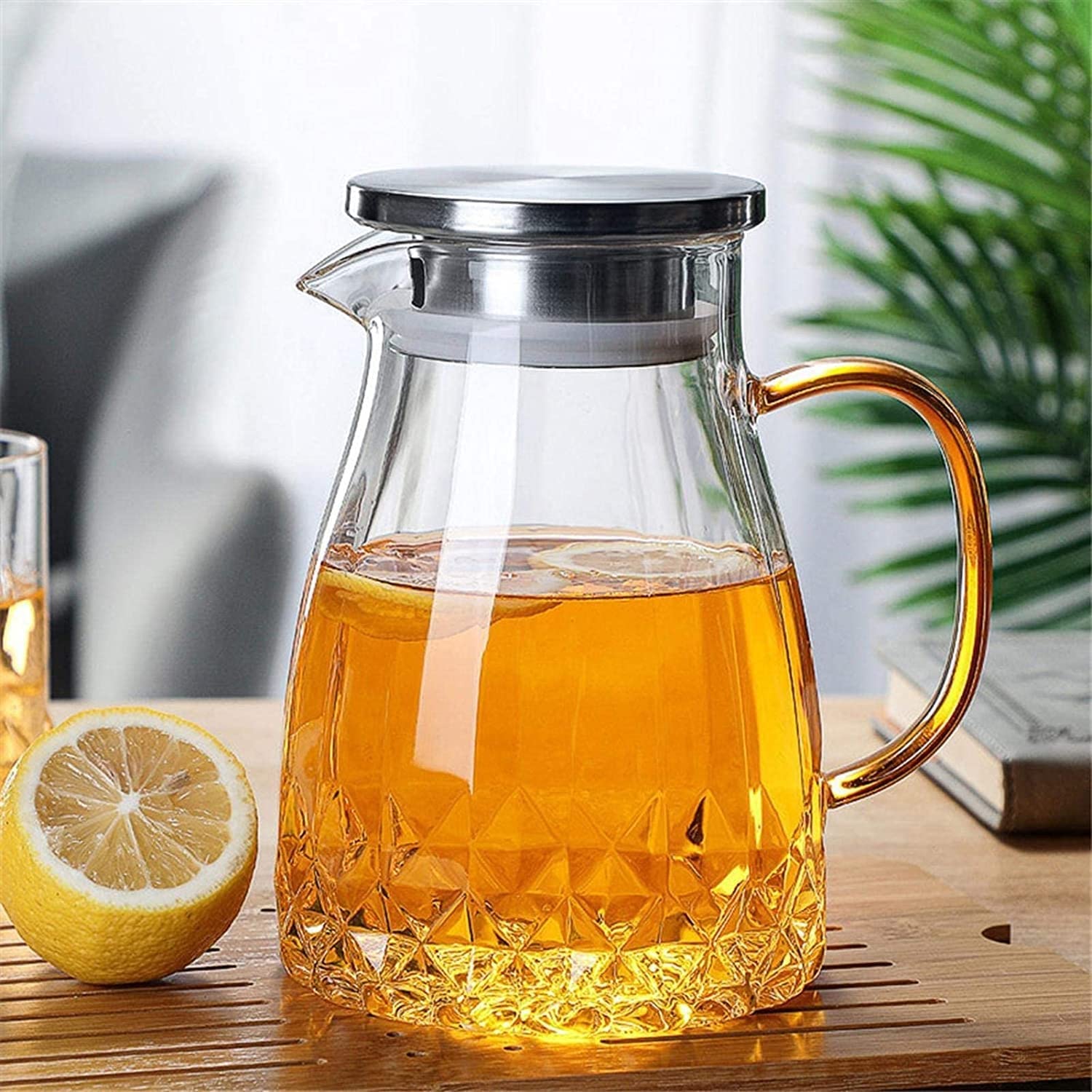 Jarra de Agua, Jarra de Vidrio de Vidrio de 1400 ml Jarras de Agua con Tapas de Acero Inoxidable, Jarra Resistente al Calor Jarra de Agua Jarra de Té Helado for Bebidas Frías o Calientes [Clase de efi