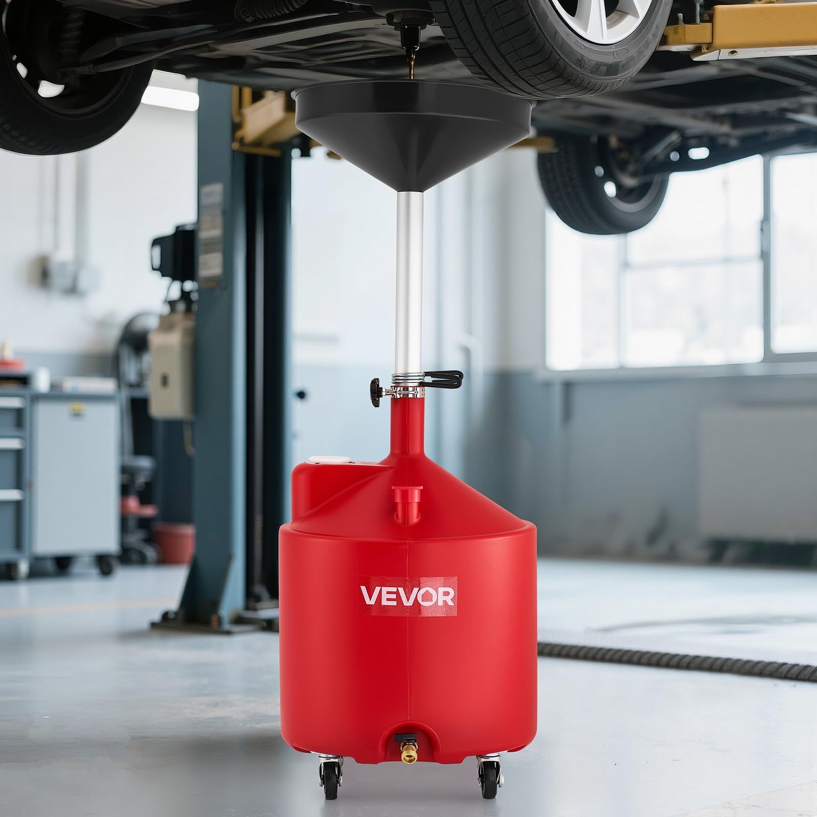 VEVOR Tanque de Drenaje de Aceite Usado, Drenaje de Aceite Portátil de Plástico de 68 L con Embudo Ajustable y Ruedas, Drenador de Combustible para Taller de Reparación de Coches, Industria, Rojo