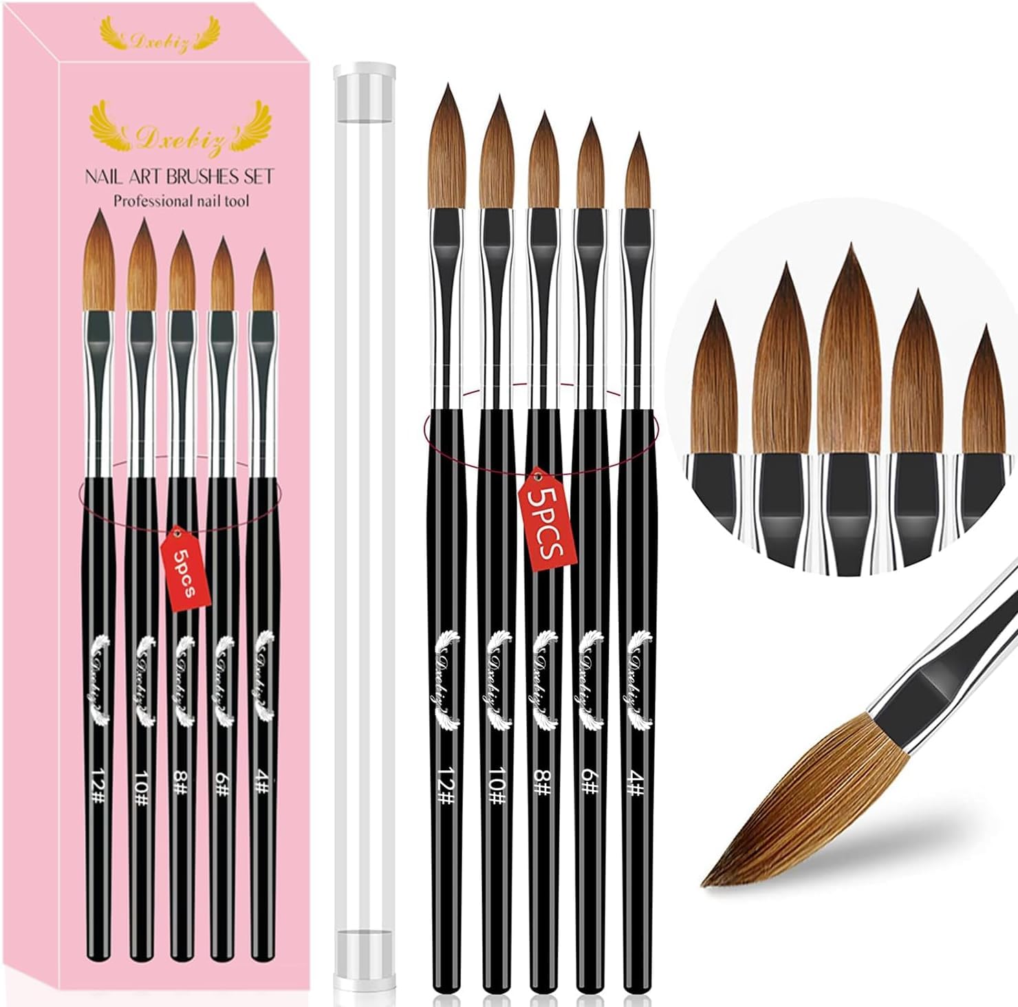 MAGIC ARMOR 5pcs Acrylic Nail Brush for Acrylic Powder, Professional Nail Art Brushes Set,Nail Brushes Size 4/6/8/10/12 for Acrylic Application Nail Extension Carving Nail Art Tool