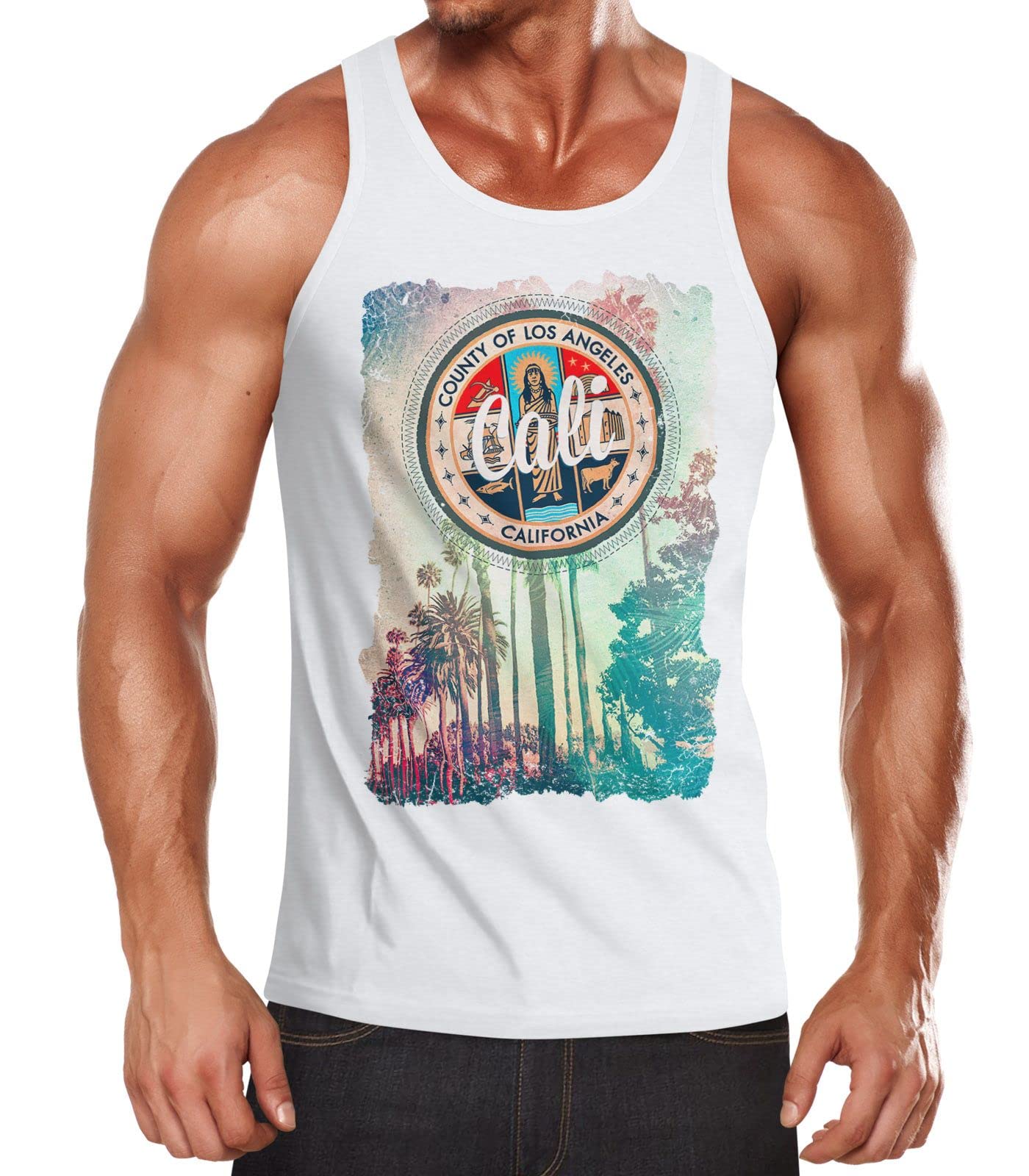 Neverless Herren Tank Top California Beach Sunset Palmen Los Angeles Retro Muskelshirt - Stretchzbek Schlusselliebe Retr