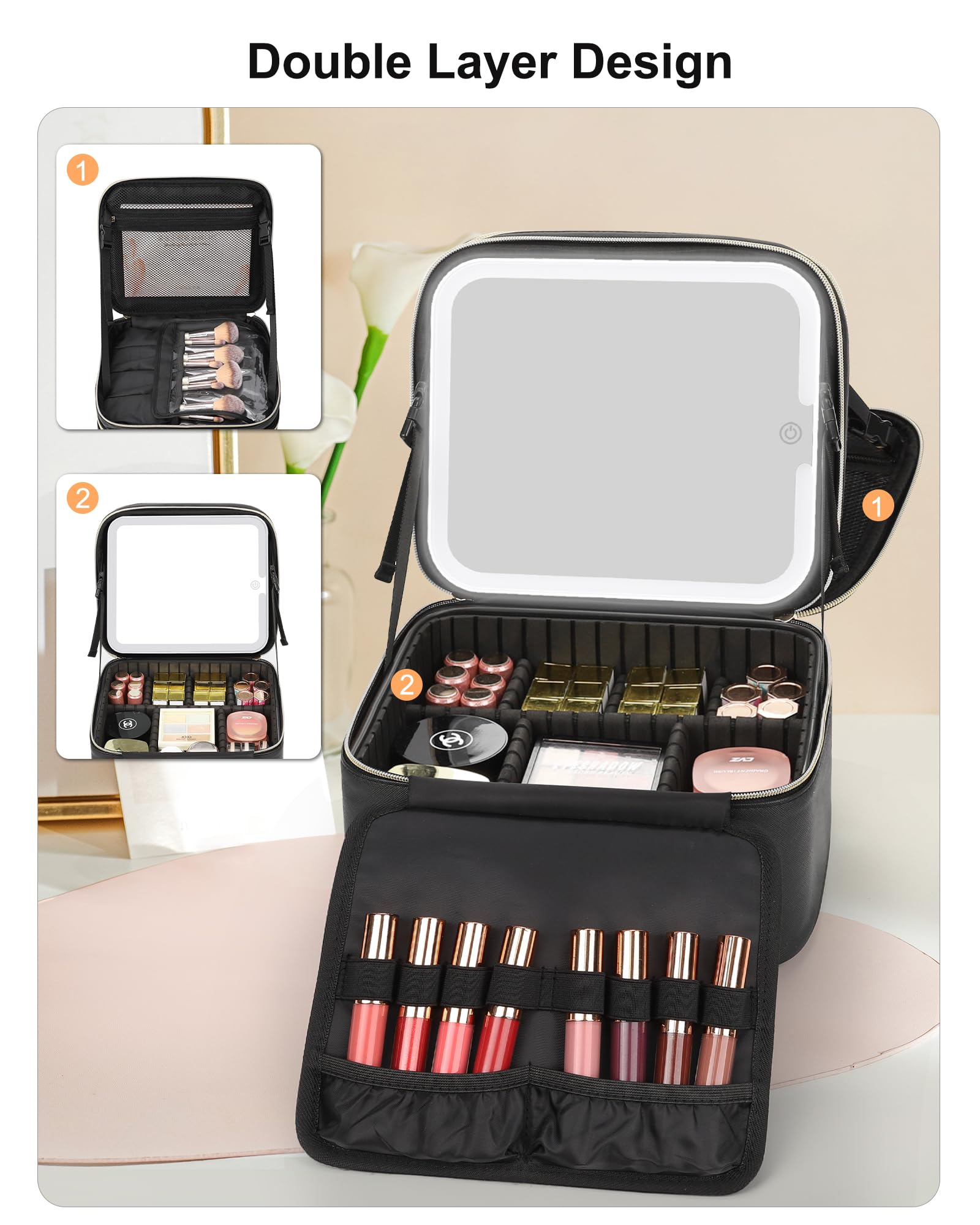Relavel Beauty case con specchio a LED, piccola custodia da viaggio con specchio illuminato ricaricabile, 3 luci colorate, scatola cosmetica a doppio strato, organizer per pennelli da trucco, rossetto