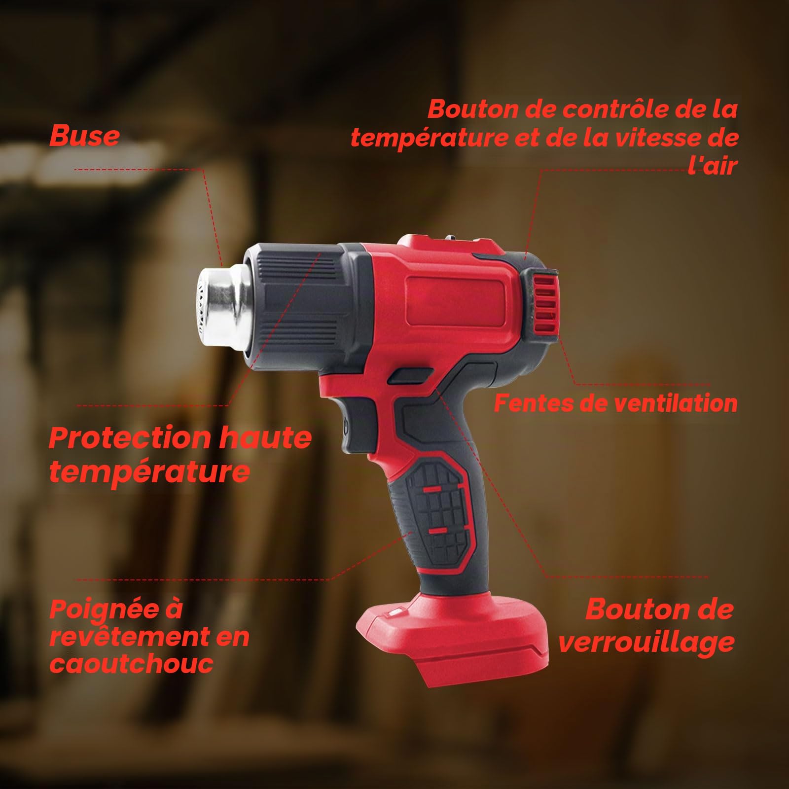 Pistolet thermique sans fil pour batterie Milwaukee 18 V Li-Ion avec 5 embouts de buse, pistolet thermique 400 W 500 °C pour travaux manuels, gaine thermorétractable, résine et décoration (sans