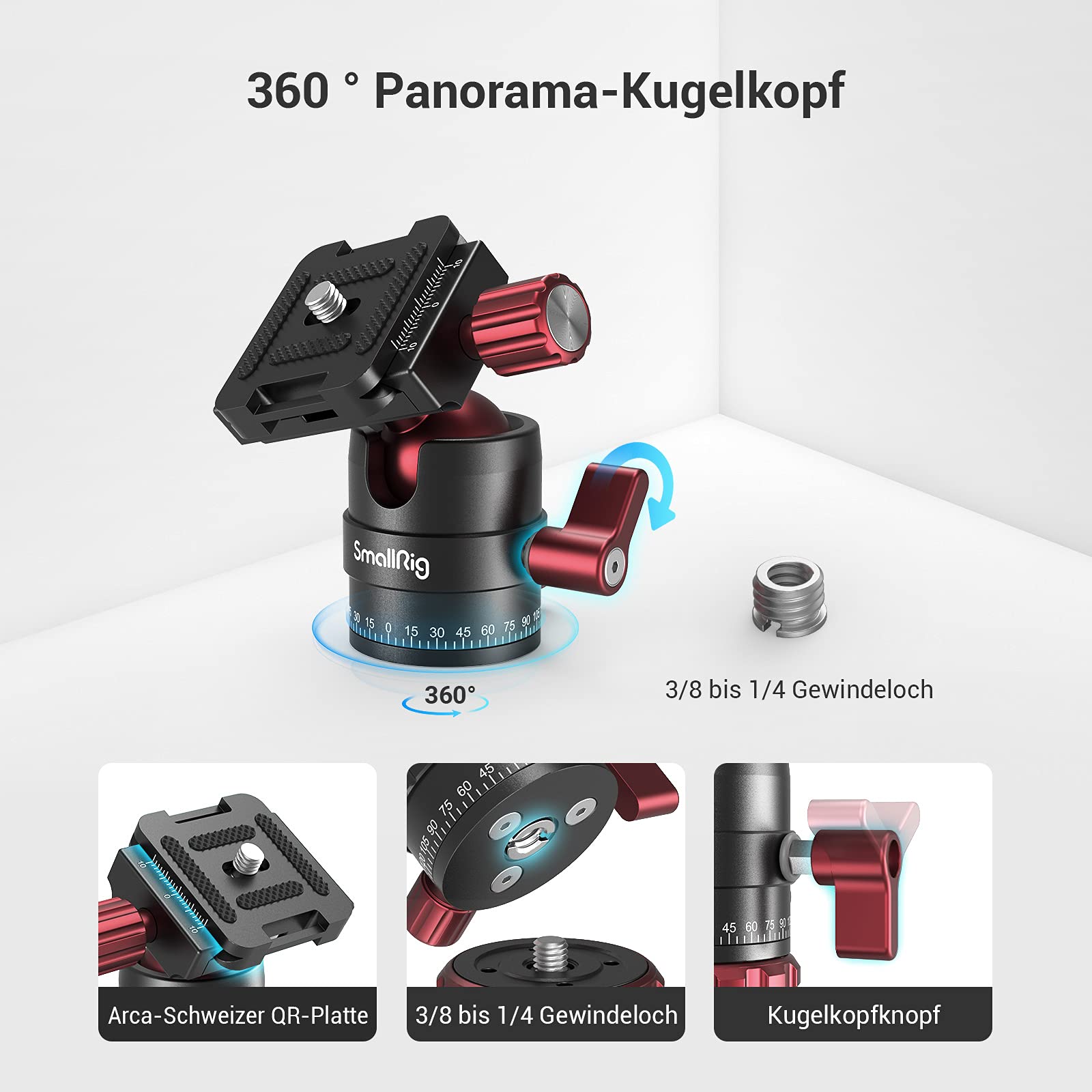 SMALLRIG Głowica kulowa 360° z mocowaniem śrubowym 1/4 cala, aluminiowa mini głowica statywu, udźwig 8 kg, do Canon/do Sony/do Nikon/do Panasonic/DSLR//smartfonów - 3034