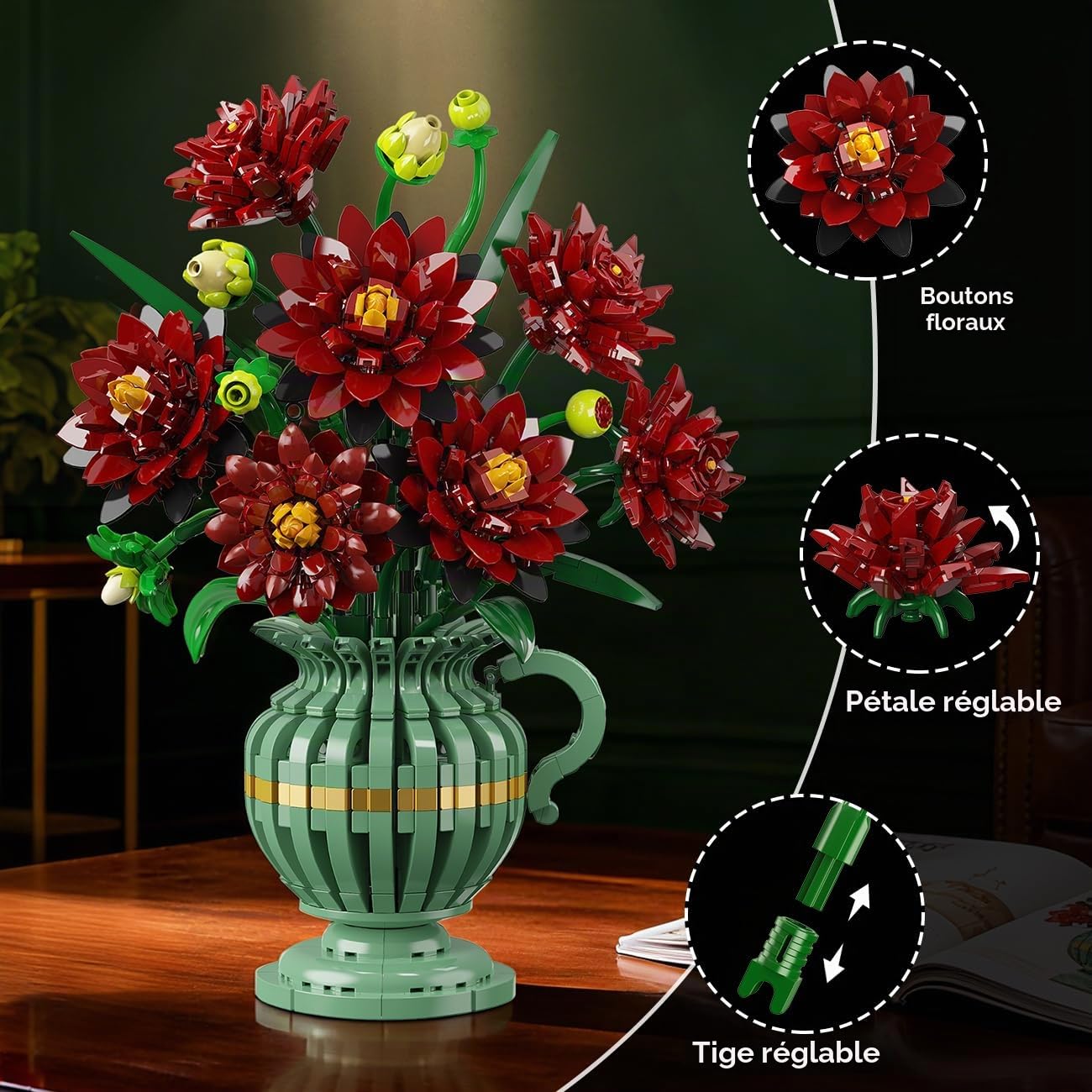 PLAXSOON Kit de Construction de Fleurs Dahlia avec Vase, Collection Botanique Bouquet de Fleurs en Blocs, 1482 PCS Kit Bonsaï Artificiel Gothique Déco Maison Cadeau pour Elle Adultes Enfants Filles
