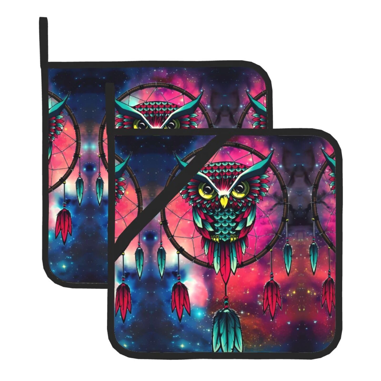 YYHHAOFA Owl Prints Square Hot Pads for Kitchen Counter - Waterproof Pot Covers with Hanging Loop - Thick Heat Resistant Trivets for Microwave & Oven (2-Pack)
