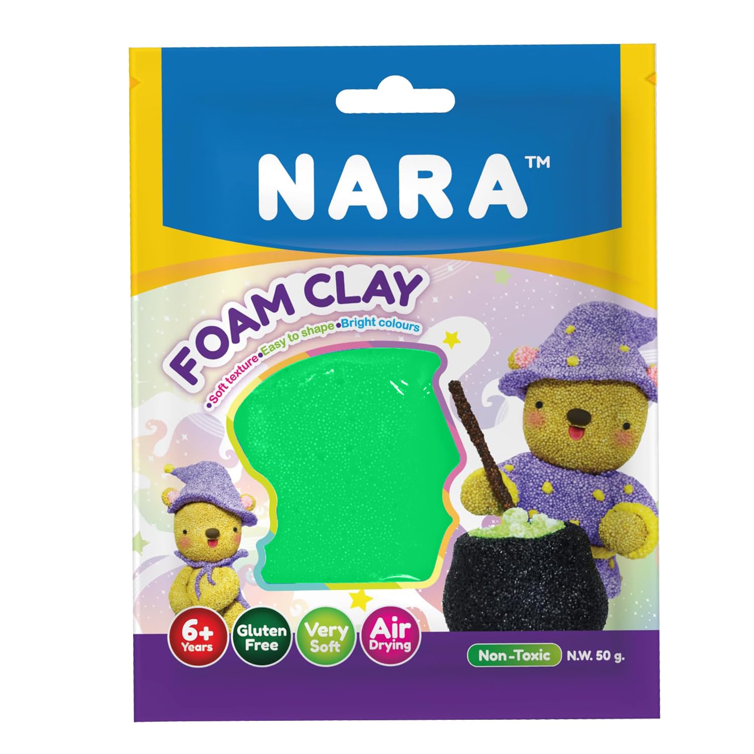 NARA Foam Clay 50g, Soft Air Dry Modeling Clay for Kids, Non-Sticky Lightweight DIY Craft Clay, Easy to Mold for Art, School Projects, Slime Add-ins & Creative Crafts (Neon Green)