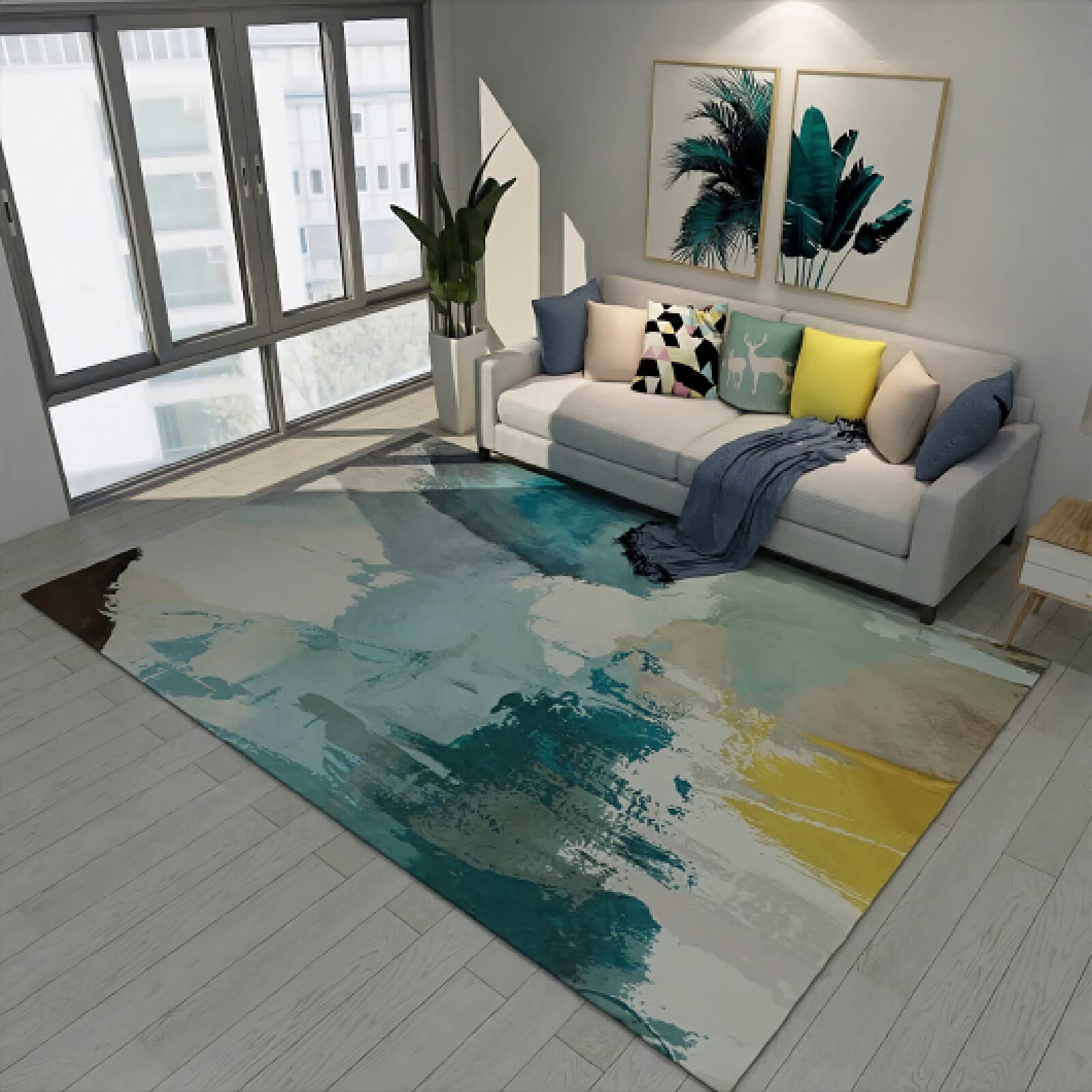 Tapis Tapis de Chambre ado Deco Fille Chambre Tapis de Salon Moderne Bleu Vert Jaune Peinture à l'encre Abstraite Design Tapis Garcon 60x90cm