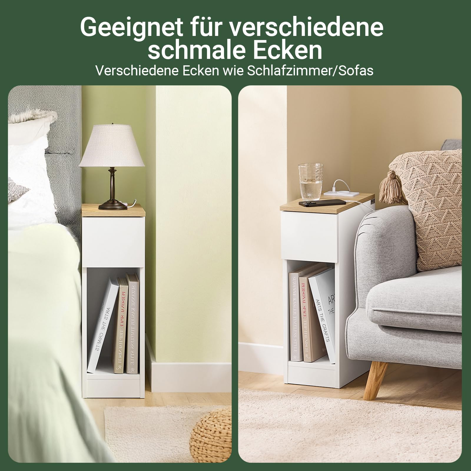 SoBuy Nachttisch 20cm mit Ladestation und Sockelleisten-Design, 20x35x60cm | Nachtschrank Beistelltisch schmal, platzsparend für Schlafzimmer, Wohnzimmer & kleine Räume, Weiß, FBT111-E-WN