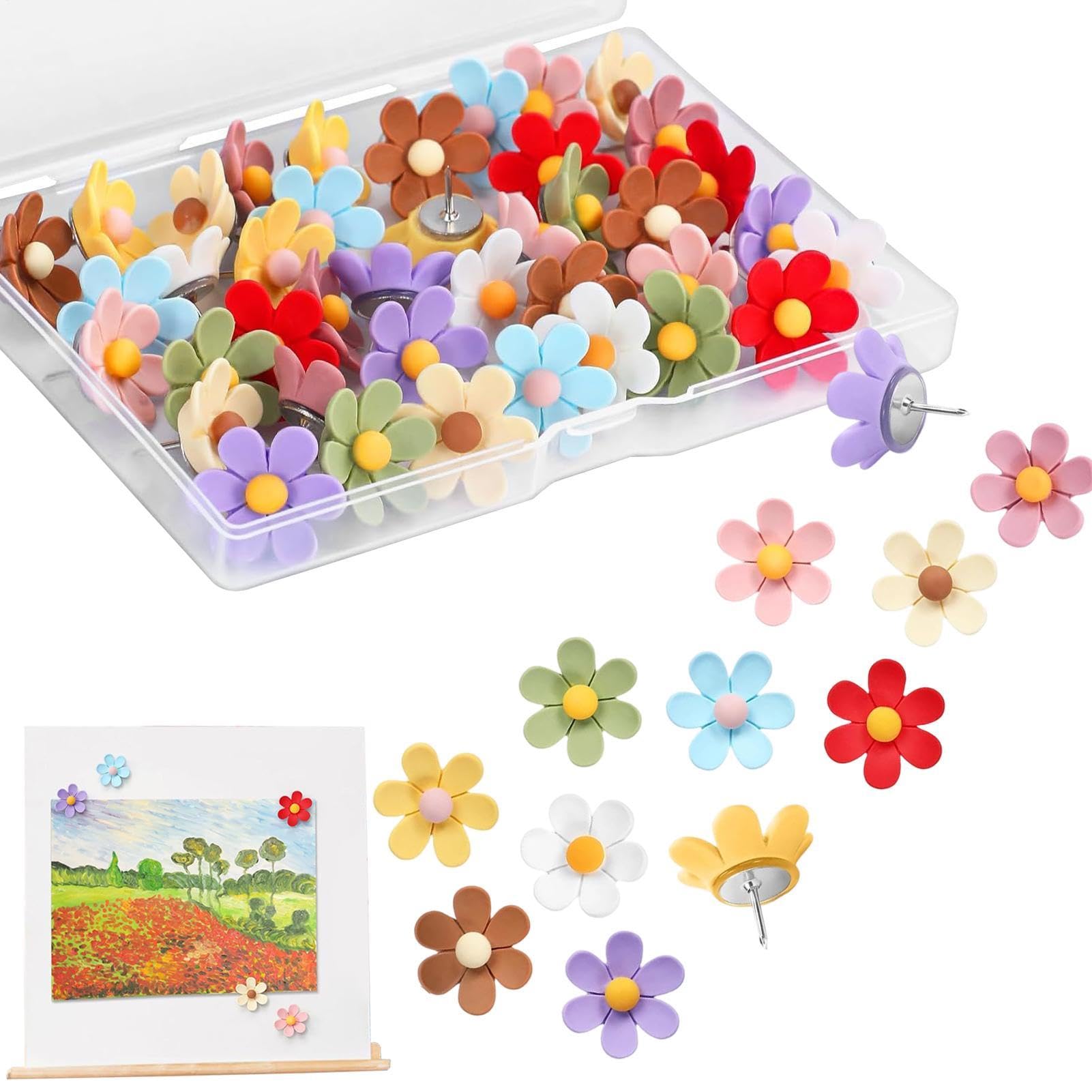 Chinchetas con punta metálica de flores coloridas y diseño divertido de oficina