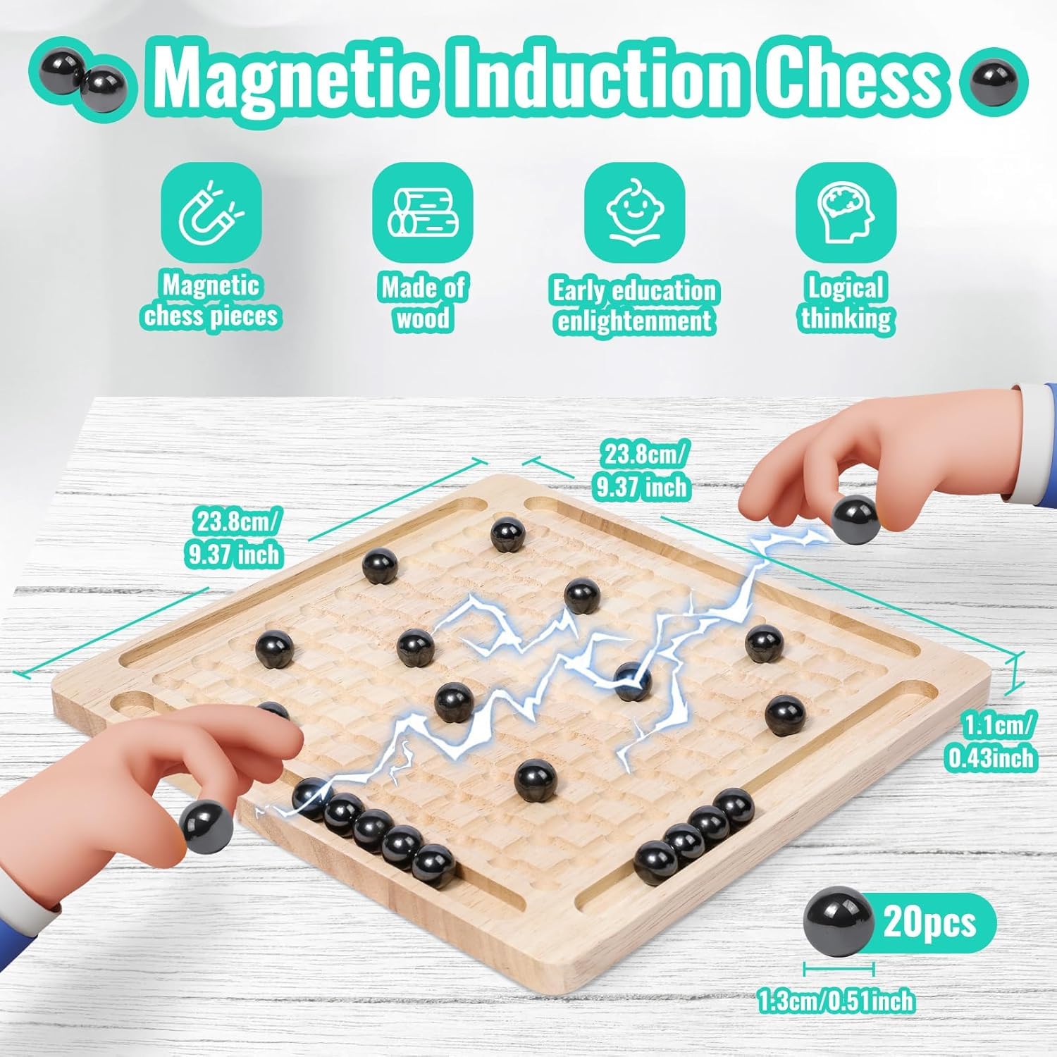 Jeu D'échecs Magnétique En Bois – 20 Pierres, Plateau 24,7x26x2,8 Cm, Stratégie Familiale Et Voyage