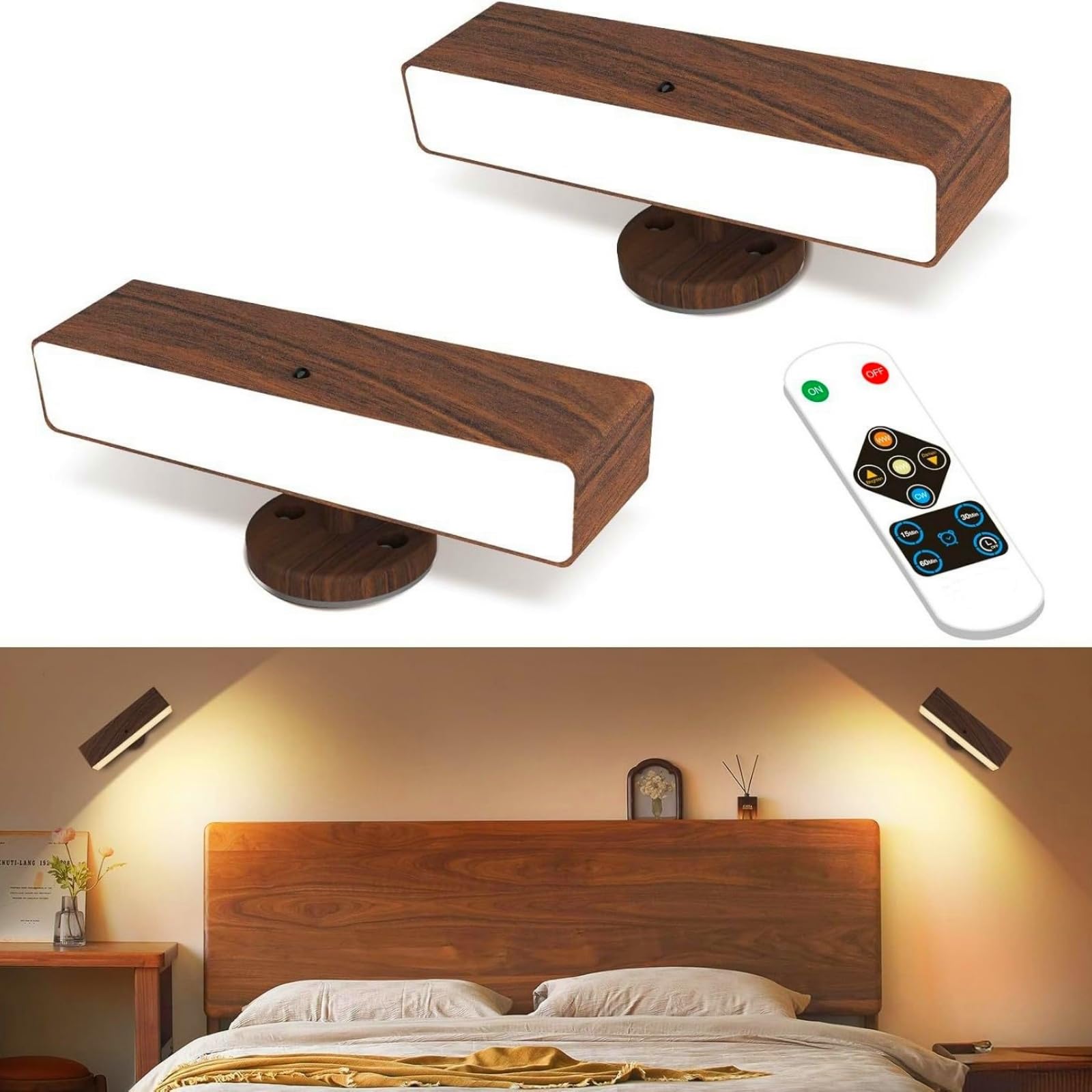 Battery Operated Wall Lights Set of 2, Rechargeable Wall Sconces with Remote Remote, 3 Colors Dimmable, 350° Rotation, Magnetic Stick on Wireless Modern LED Lamp for Bedroom Living Room Hallway Decor