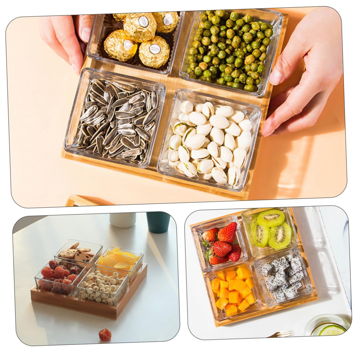 Plateau à Fruits Compartimenté En Verre Transparent 4 Sections Support En Bois Multifonction Pour Fruits Secs Noix Collations Maison Restaurant Fête