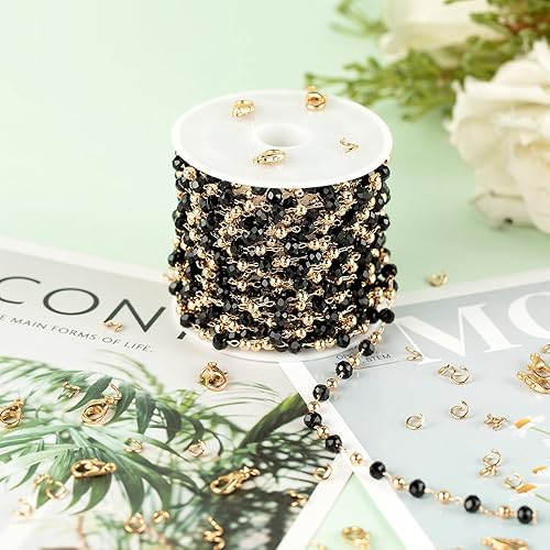 Miniatura 6 de KYUNHOO Cadena de cuentas negras de 16.4 pies para hacer joyas, cadena de rosario de latón chapado en oro en carrete con palmadas de langosta y