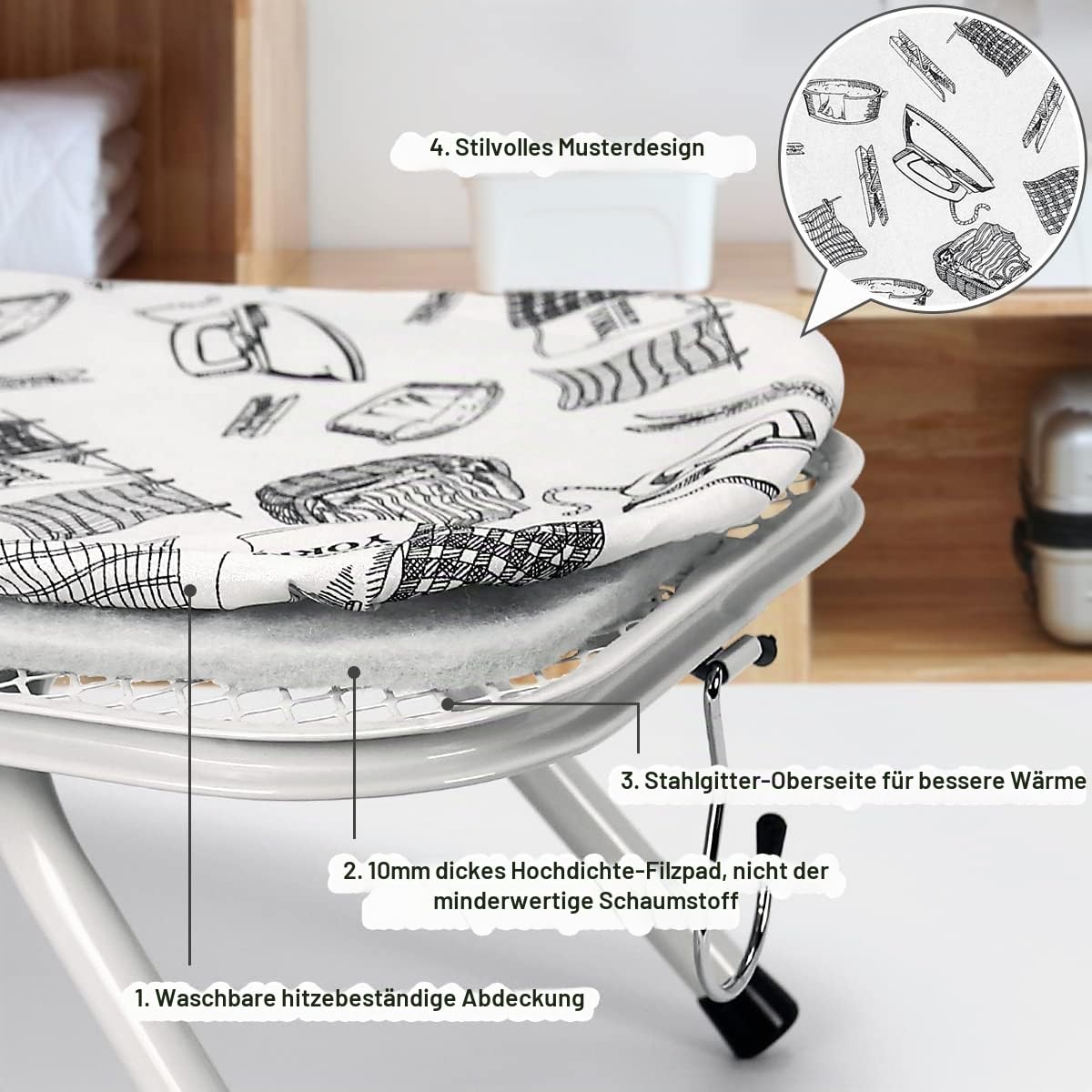 Duwee Bügelbrett Kleines,Tischbügelbrett mit hitzebeständigem Bezug, klappbaren Beinen und leichtem, extra langem Bügelbereich mit Haken zur Aufbewahrung,92 x 34CM