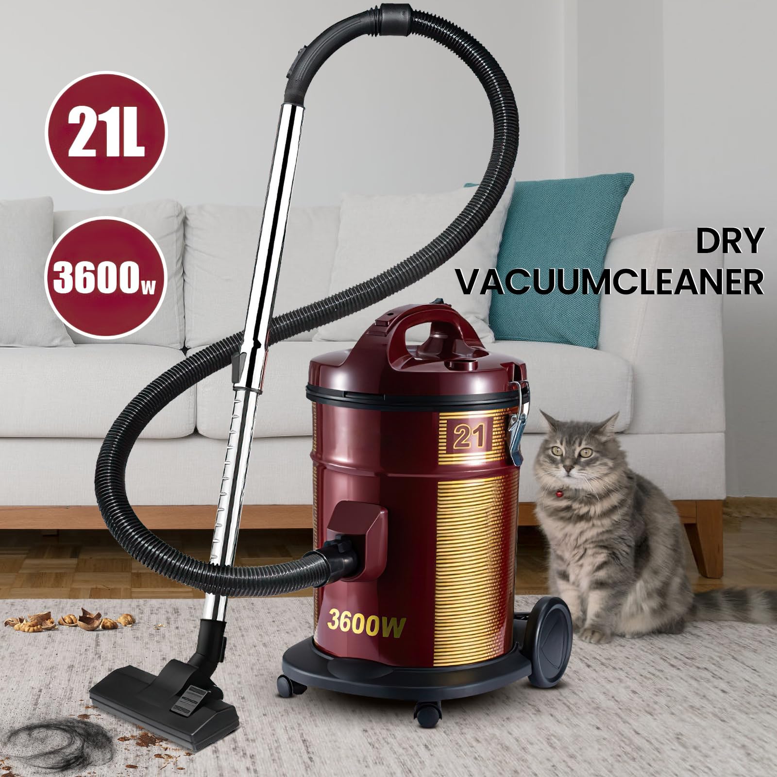 Aspirapolvere senza sacchetto, 21 l, potente aspirapolvere 3600 W, sistema a doppio motore, sistema di filtraggio triplo, manico leggero e regolabile, manico rimovibile, ideale per la pulizia di