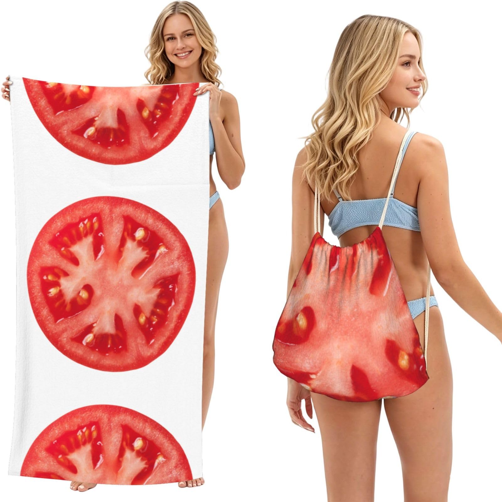Poadnly As Picture Tomato Slice, 2 In 1 Packable Towel Bag, Beach Towels With Drawstring Backpack For Travel Holiday Camping