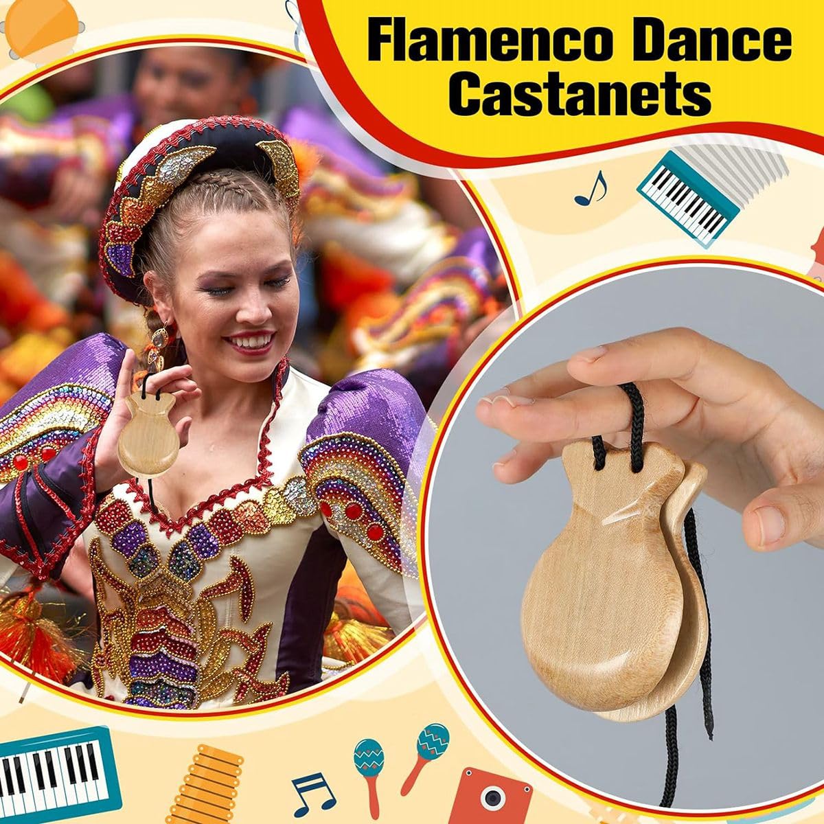 Lot De 2 Castagnettes Traditionnelles Espagnoles En Bois - Idéales Pour Danse Flamenco Avec Corde