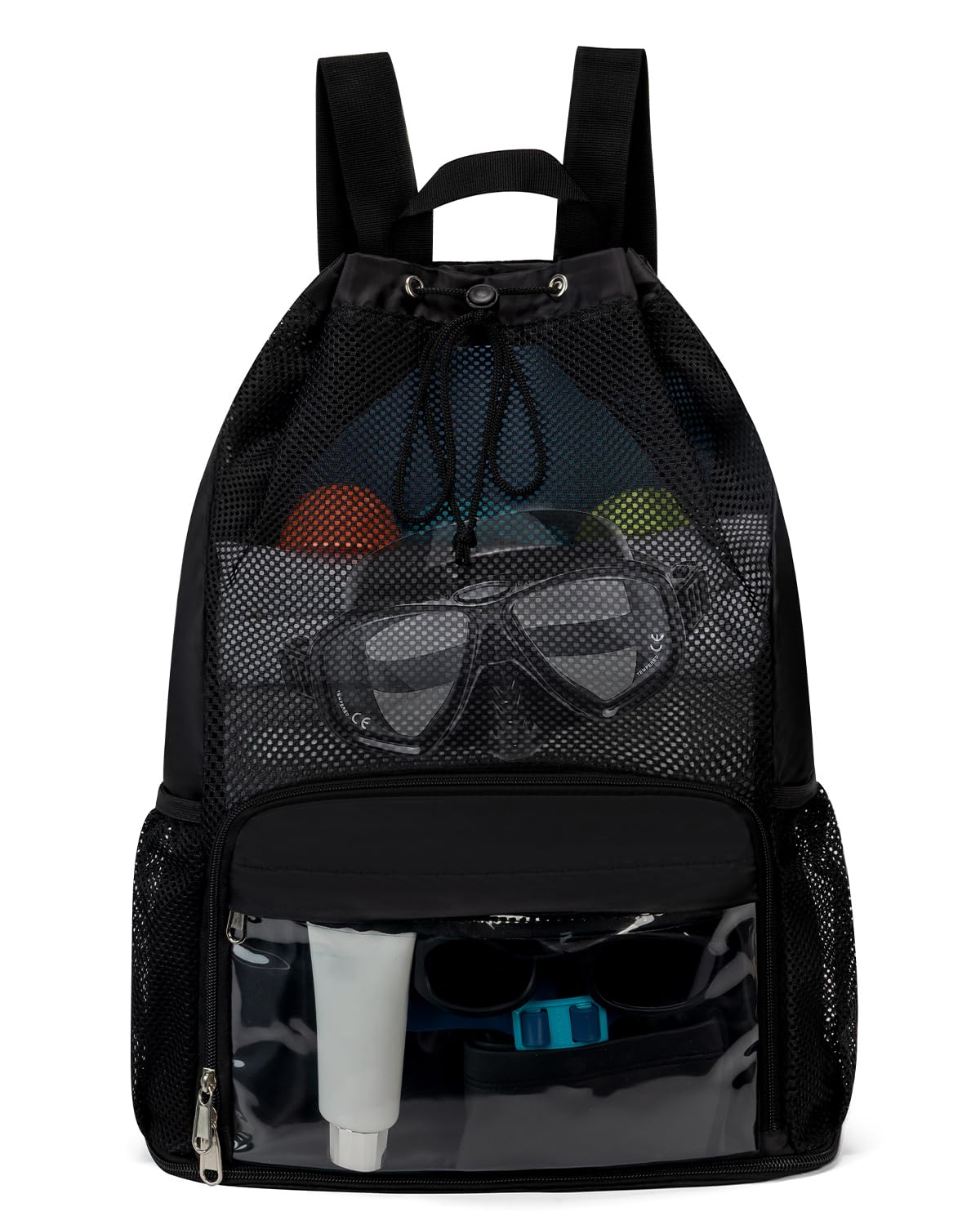 GreenTaya Drawstring Backpack Sandproof Beach Backpack with Shoe Compartment & Wet Pocket Waterproof Mesh Swim Bag Pool Bag for Gym, Travel and Workout Gear (Black)