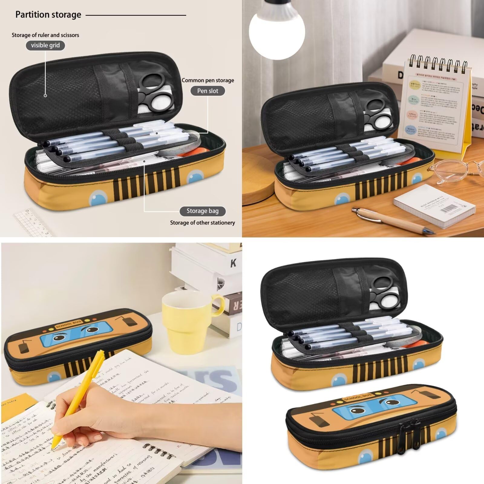 Set di 3 libri scolastici per ragazze con astuccio termico per il pranzo, Bus scolastico, L, Casual