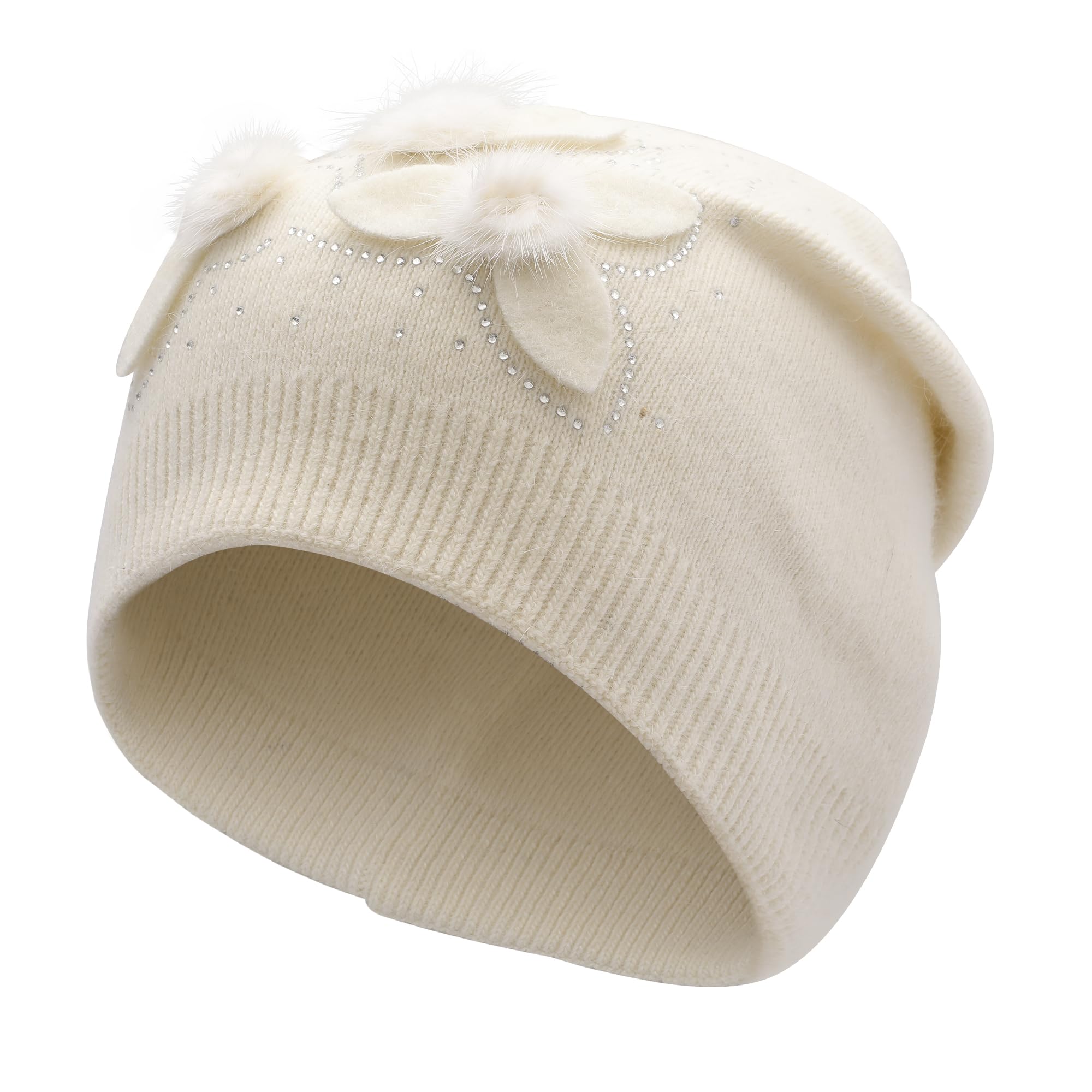 ZLYC Damen Strickmütze Doppellagig mit Blumenmuster Skull Cap