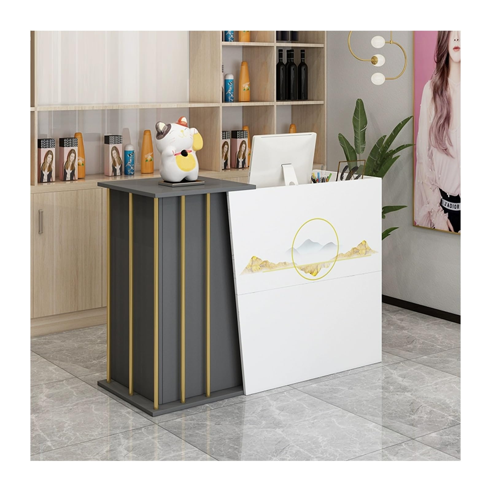 QWEASDF Banco di Reception e Vendita ，Banconi per Sala d'attesa，Piccolo Banco Cassa ，Bancone Reception Moderno，Bancone Cassa Piccolo e Moderno ，Telaio in Acciaio di Ferro(Gray Flower,L39.3in)