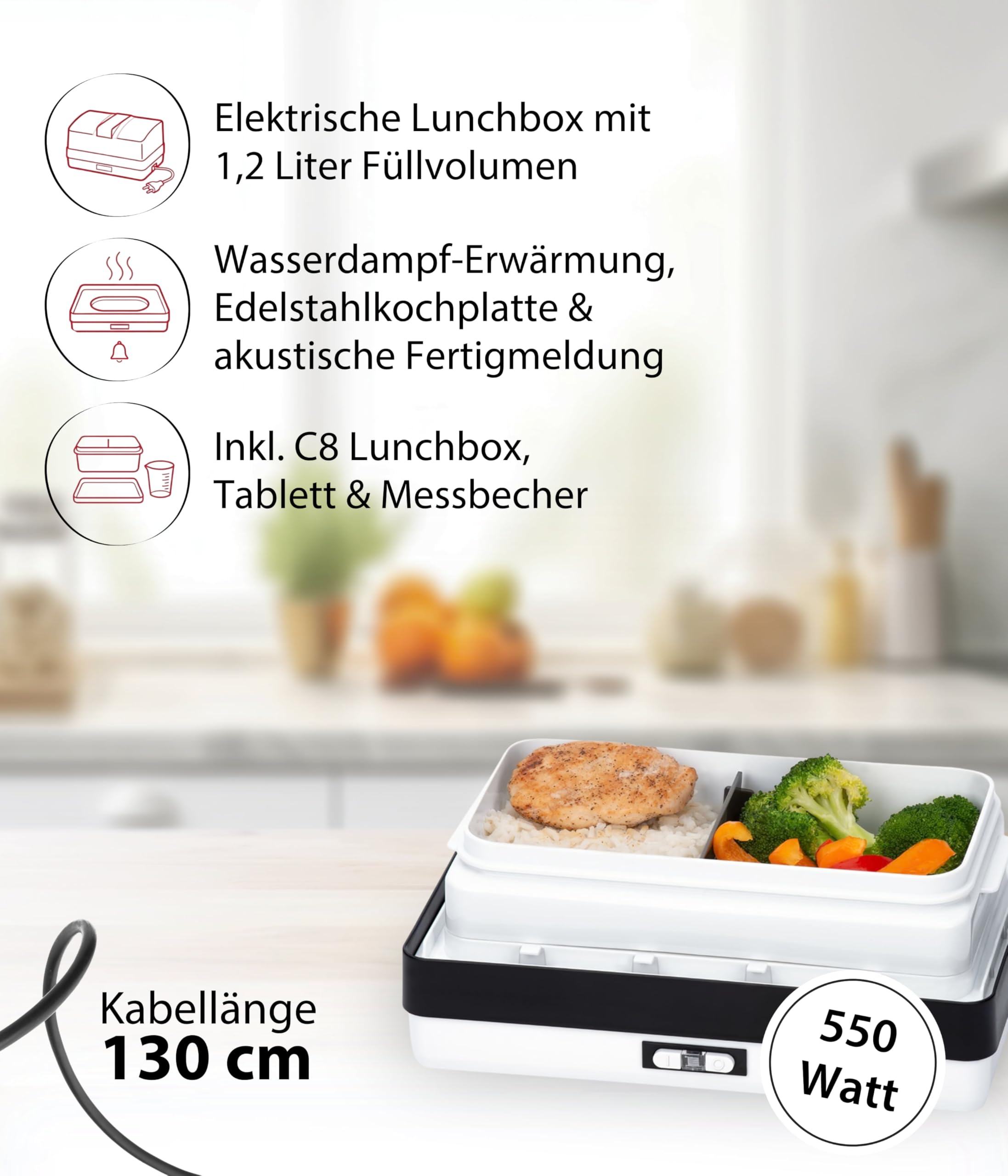 Cloer 800MBX Menübox elektrische Lunchbox zum Aufwärmen von Speisen-inkl 1,2 l, Tablett und Messbecher herausnehmbarer Träger Edelstahlkochplatte, kombinierbar Lunchbox-Sets, Weiß, 1,2 Liter