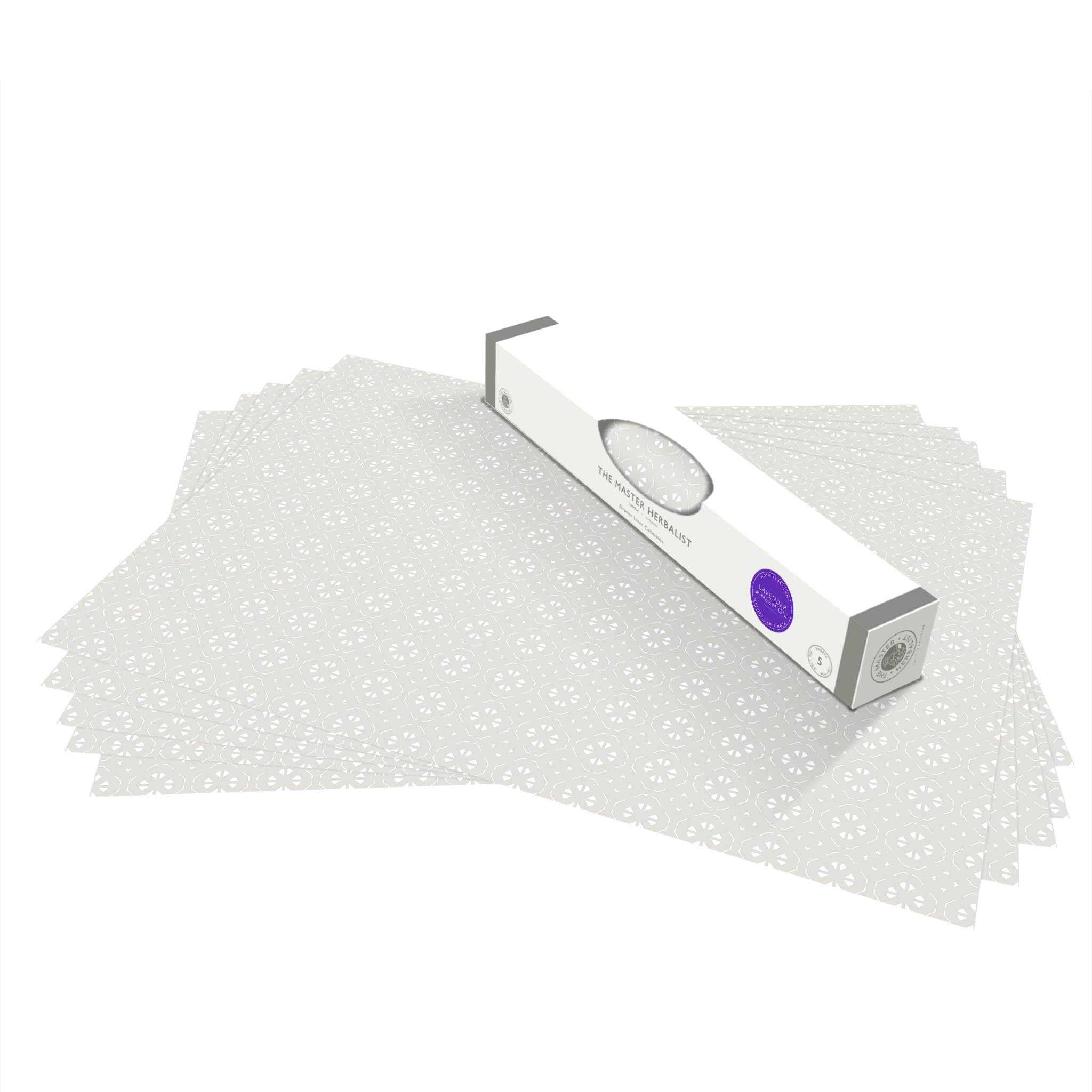 The Master Herbalist Natural Moth Repellent Fragrant Scented Drawer Liners in a Geometric Print (Rolled) | Pack of 5 Sheets | Anti-Moth Protection | Essential Oils | (Soft Grey | Lavender & Neem Oil)