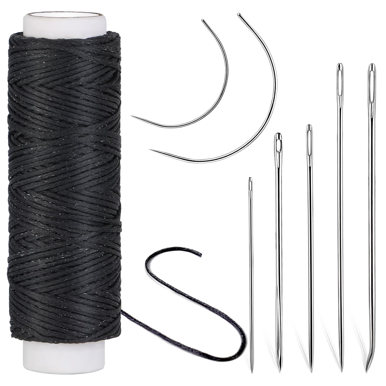 Ftyiwu Waxed Thread, Upholstery Needle and Thread 32 Yards with 7PCS Hand Sewing Needles for Home Upholstery Carpet Canvas Repair Leather Sewing (Black)