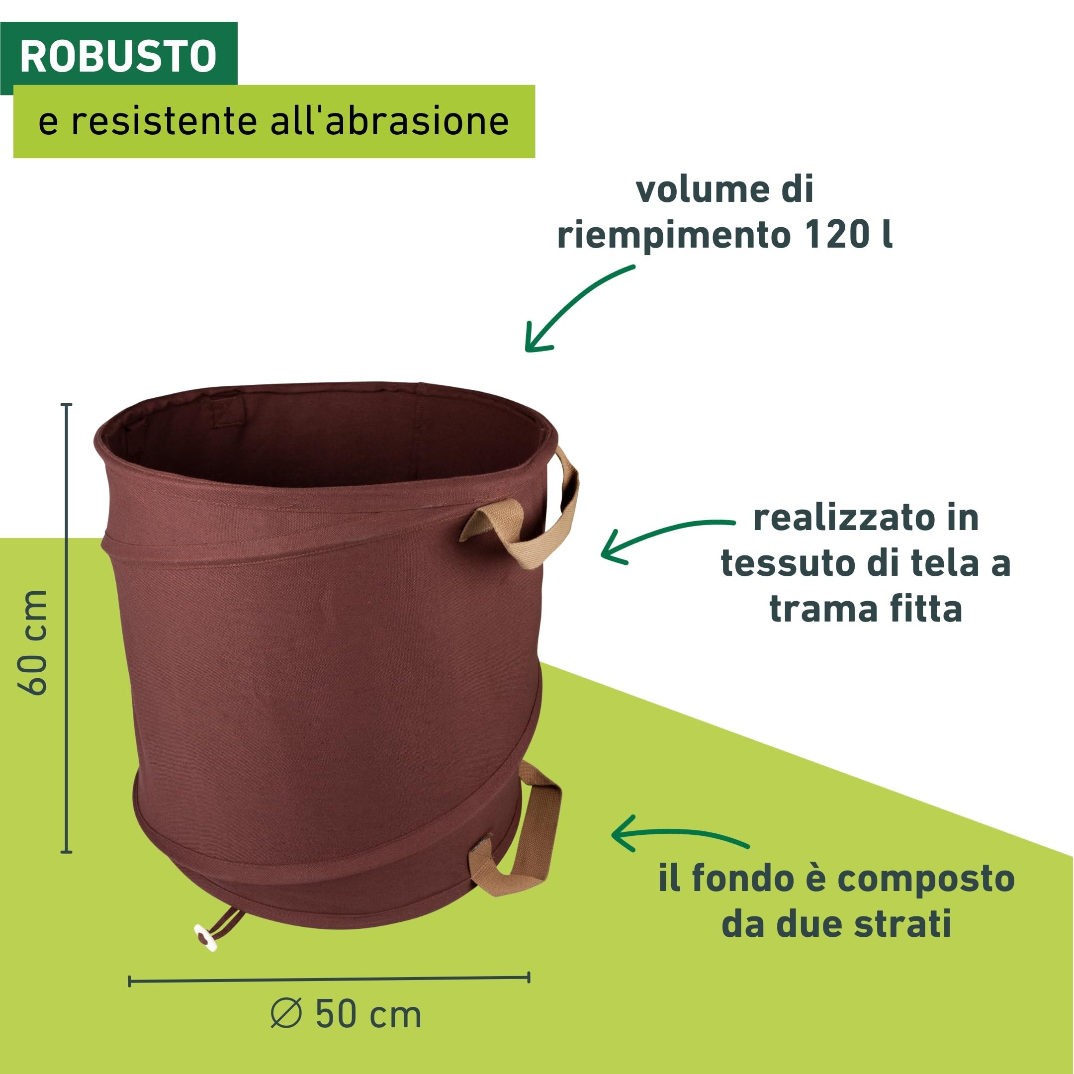 Windhager Sacca per rifiuti da giardino pop-up, in tela, per foglie, autoportante, verde, 120 l, diametro 50 x 60 cm, 07577