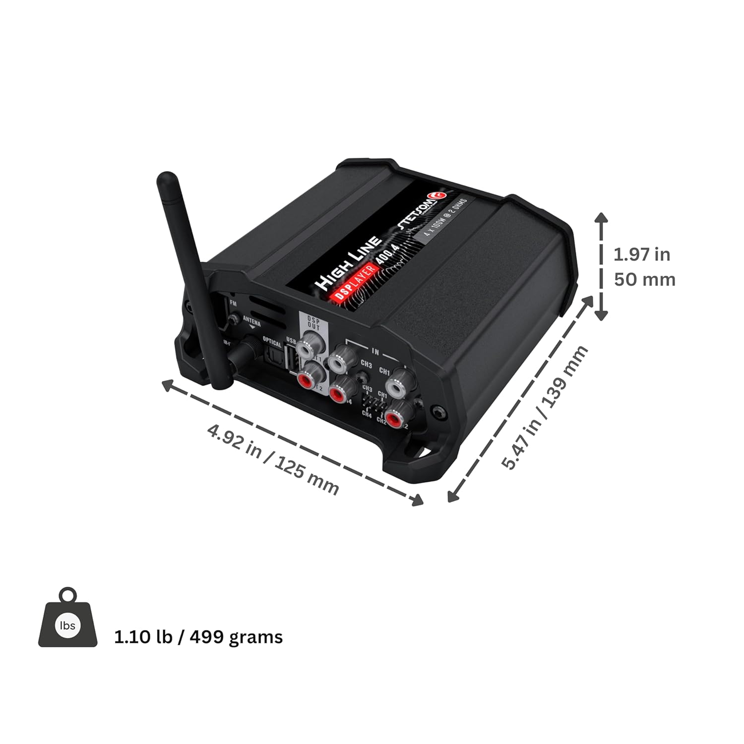 Stetsom HL DSPlayer 400x4 - All in One, Amplifier with DSP, BT, APP, FM Radio, Inputs RCA/High/Infra-red, Processed output for auxiliary amplifier, Compatible with Stetsom Remote Control SX2, 400w RMS