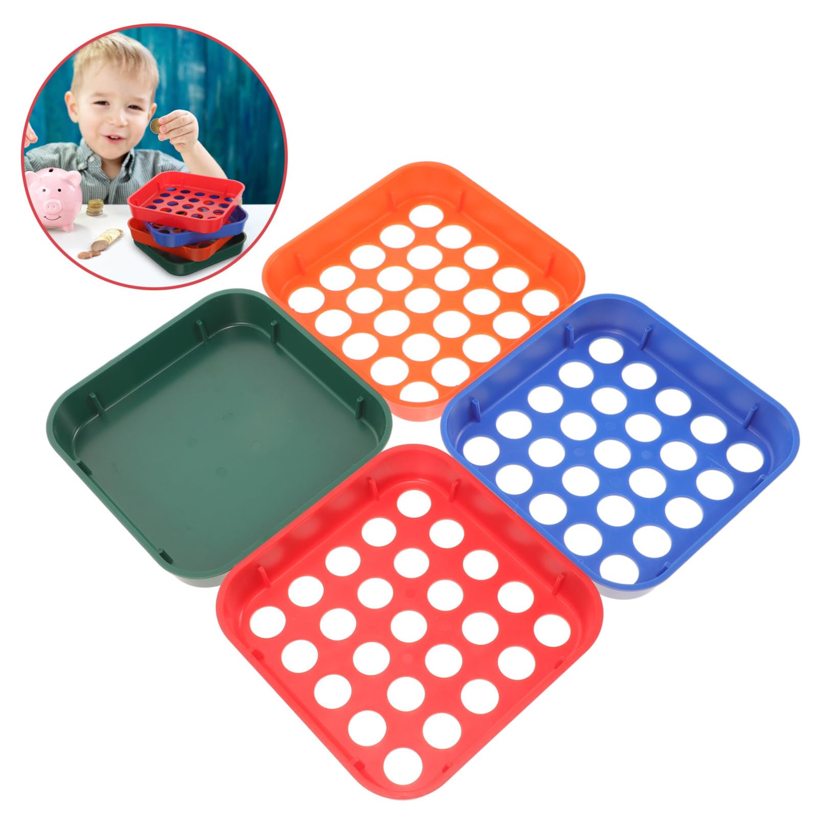 Hemobllo 4 Pezzi Vassoio per Smistamento Monete in Plastica Impilabile 4 Scomparti Colorati per Organizzare Centesimi, Nichelini, Decimi e Quarti per Uso Quotidiano