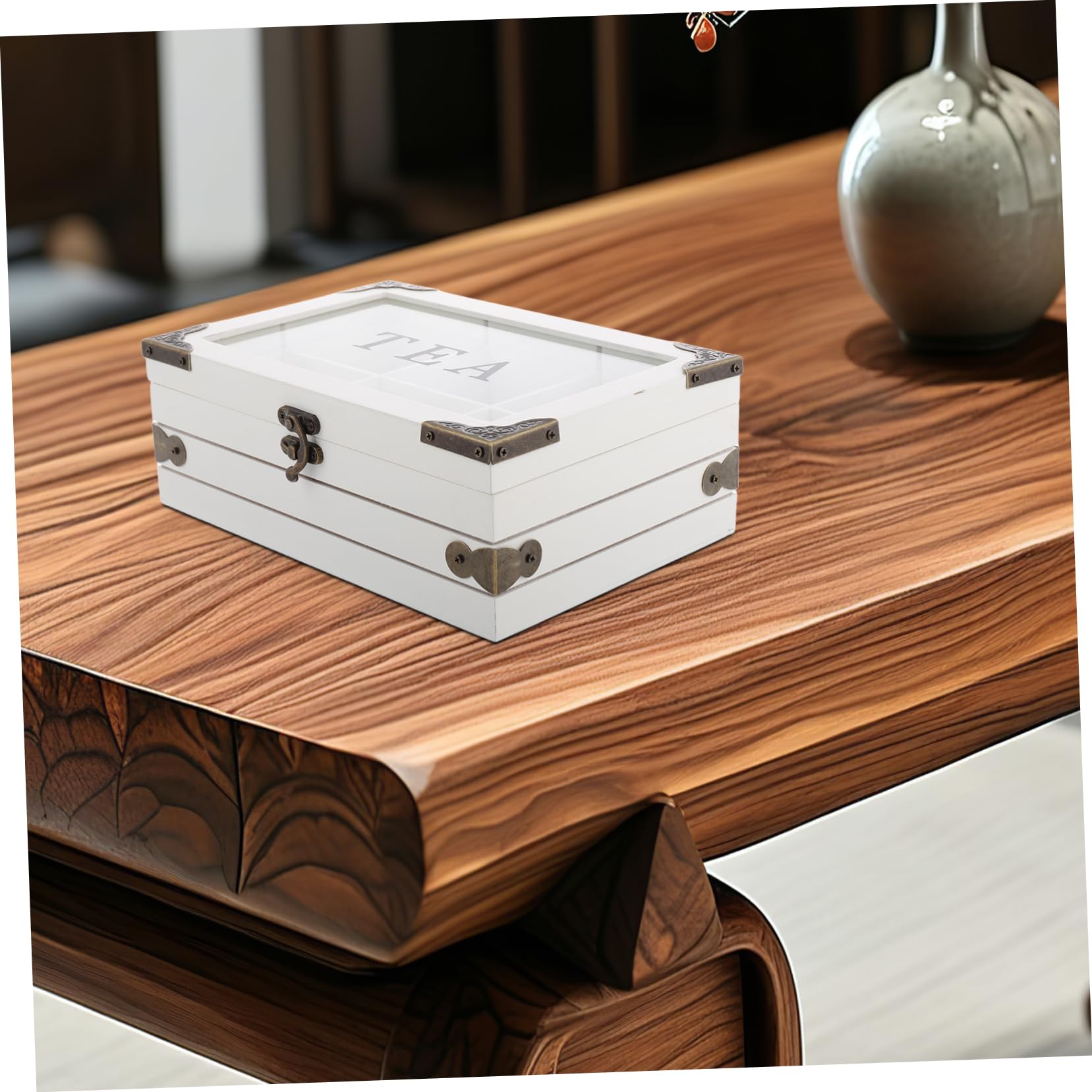 Scatola Portabustine da Tè in Legno Vintage con Coperchio, 6 Scomparti, Bianca, per Tenere le Bustine Asciutte e Fresche in Cucina