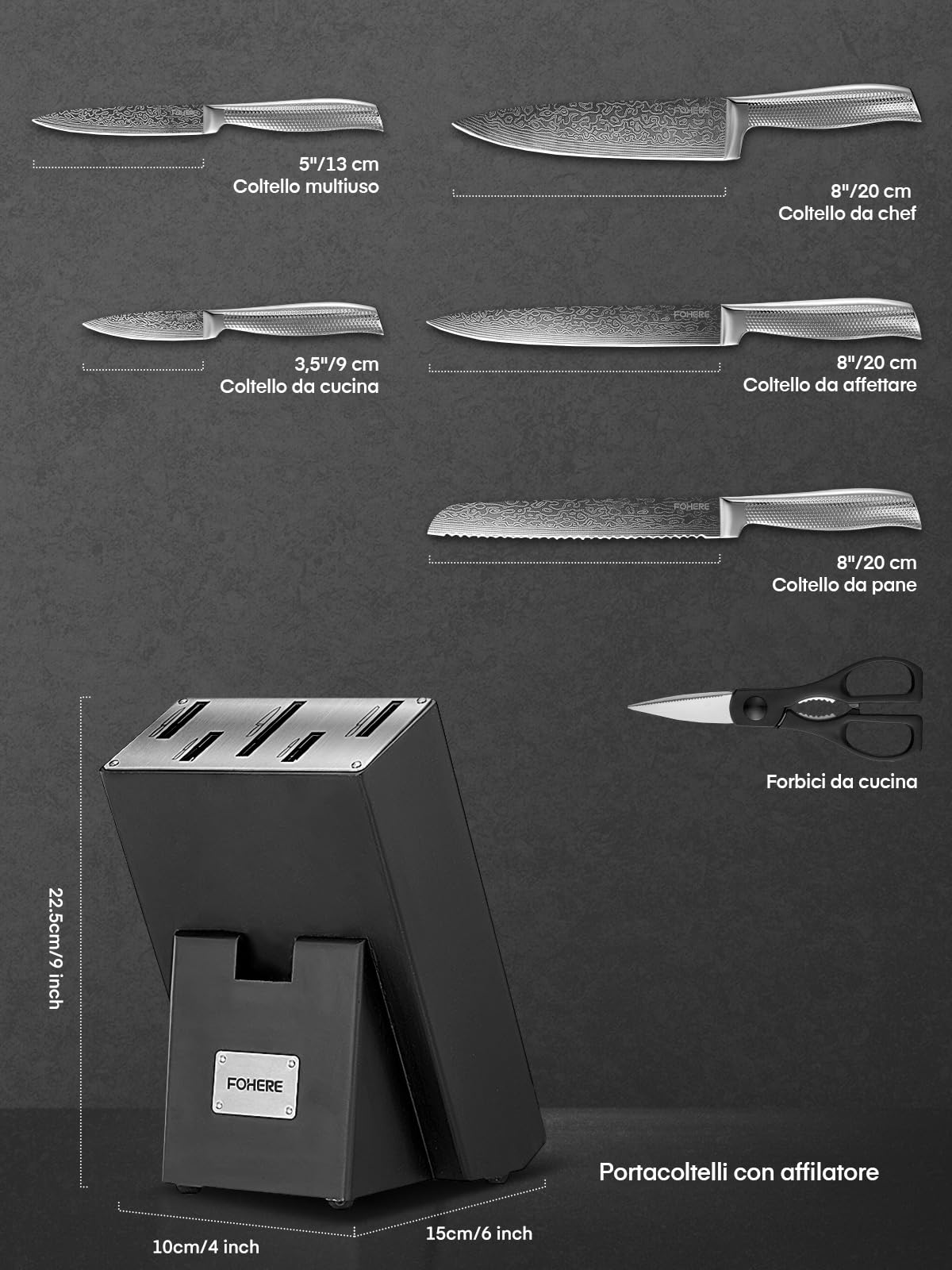 FOHERE Set Coltelli da Cucina Professionale con Tecnologia Avanzata di Affilacoltelli, 7 Pezzi, Coltelli da Cucina in Acciaio Inossidabile, Ceppo Coltello in Legno, Forbici da Cucina