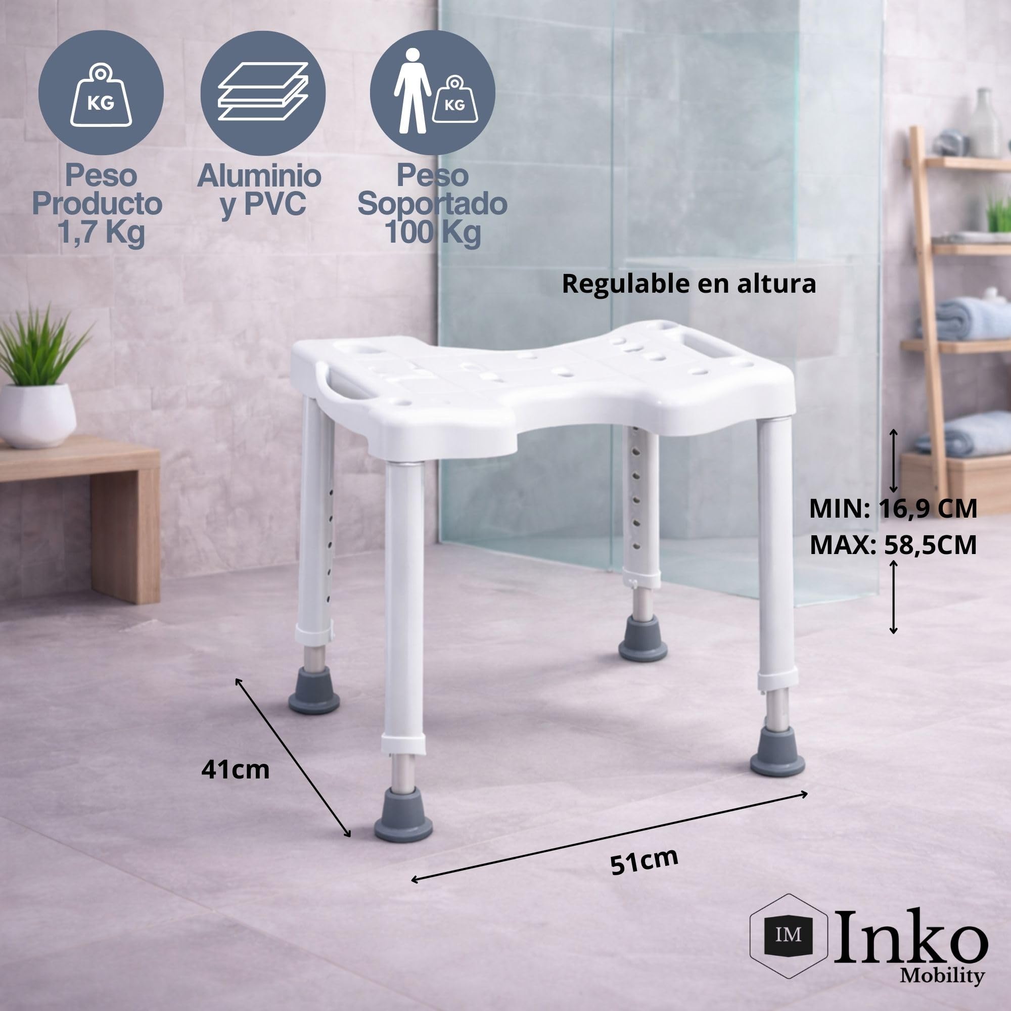 Taburete de Ducha Antideslizante para Personas Mayores y Movilidad Reducida, Altura Regulable, Asiento Seguro de Baño, Ligero y Resistente hasta 130 kg, Aluminio Blanco - Marca ESPAÑOLA