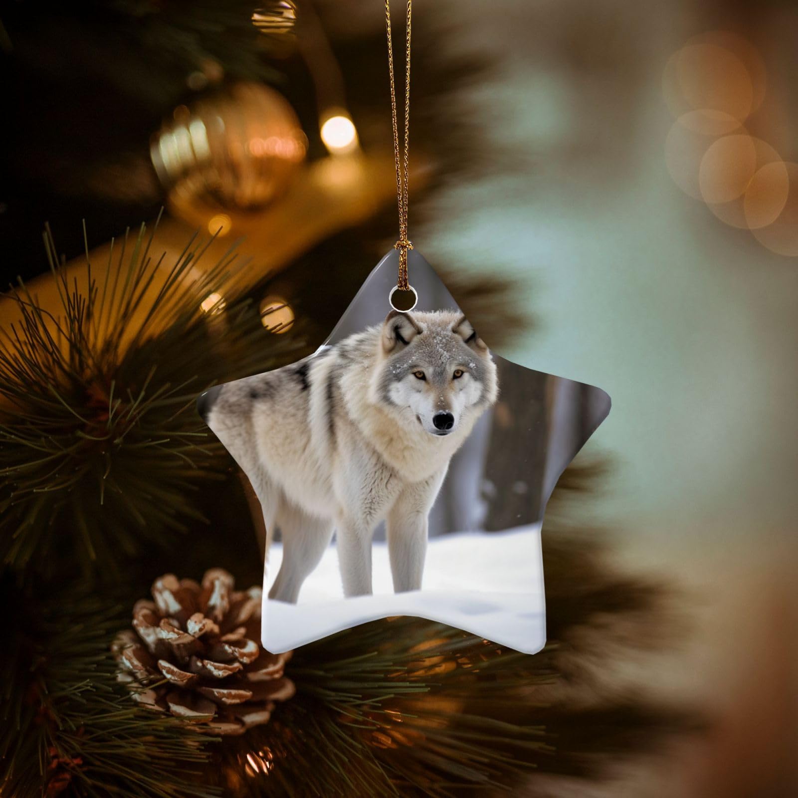 Christmas Ornaments for Christmas Tree Decoration Hanging Wolf in The Snow Ornament with Gold Ribbon Crafts Star Shape Ceramic Pendant for Keepsake Gifts Xmas Decor Party Supplies