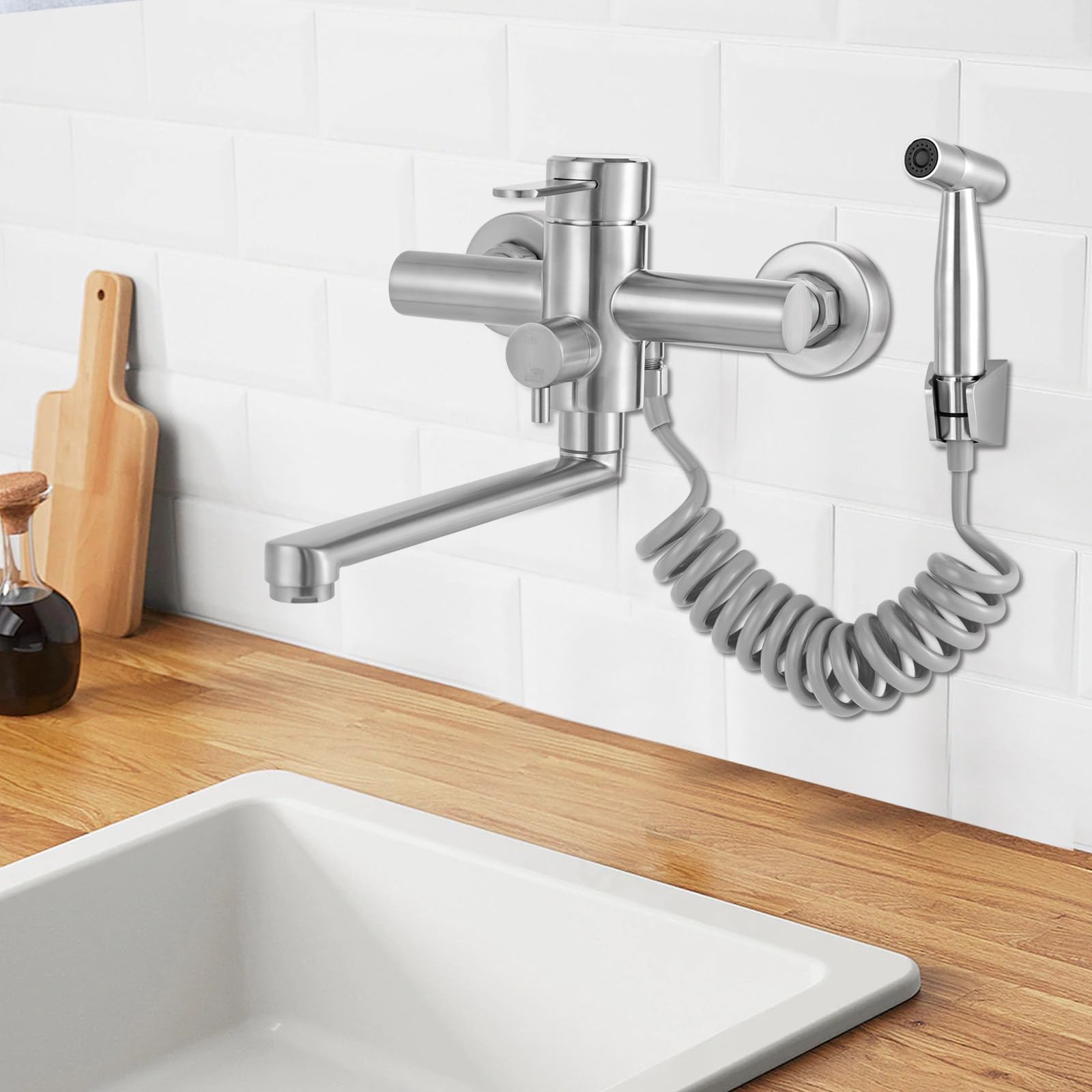 Wasserhahn Küche Wandmontage, Wandarmatur Wandmontierte Küchenarmatur 23cm mit Sprühpistole für Spüle Küchenwasserhahn Hotel Bar