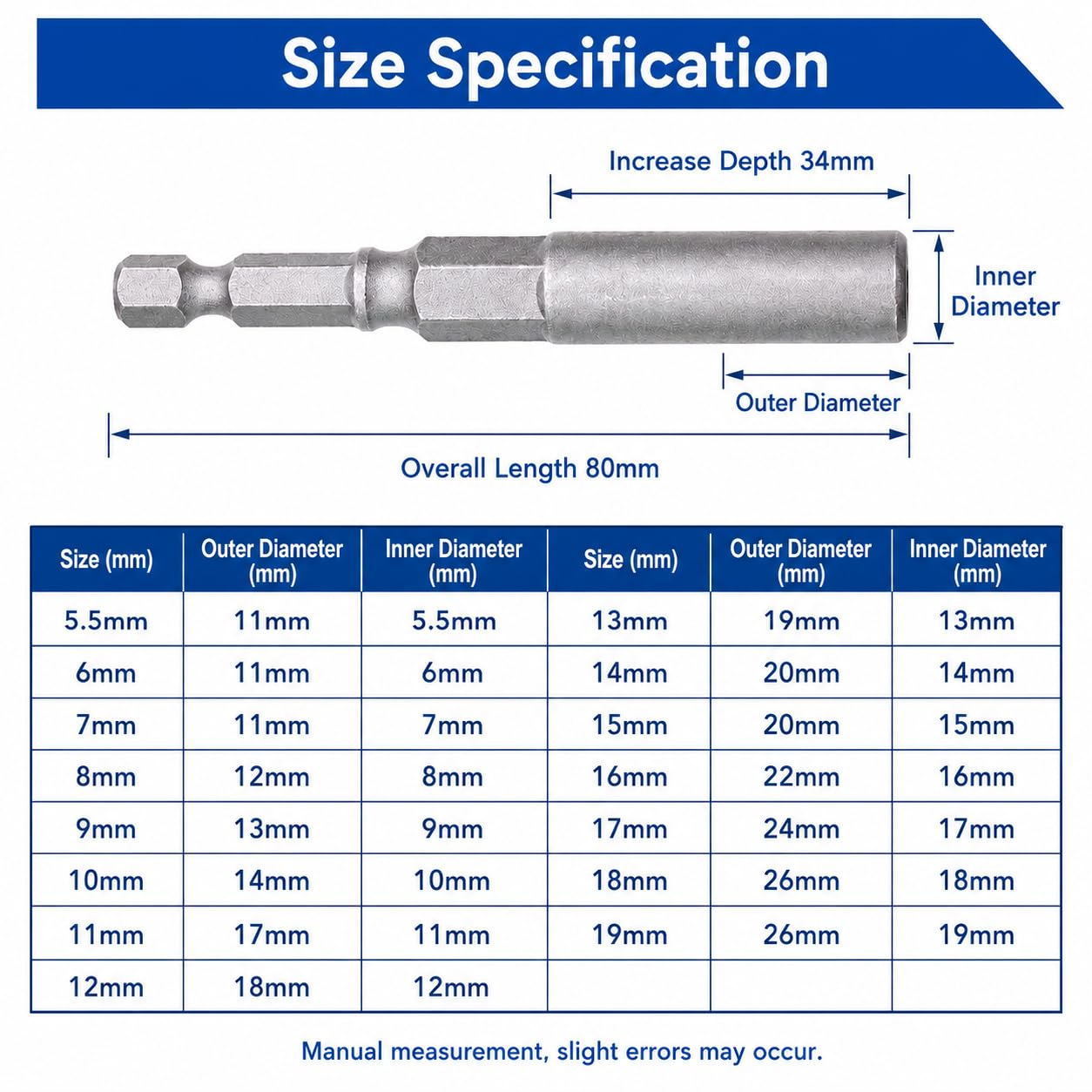 1 pz chiave a bussola per dadi lunghezza 80 mm attacco esagonale da 1/4" per trapani, chiave per dadi e adattatore per bussole a percussione (13 mm)