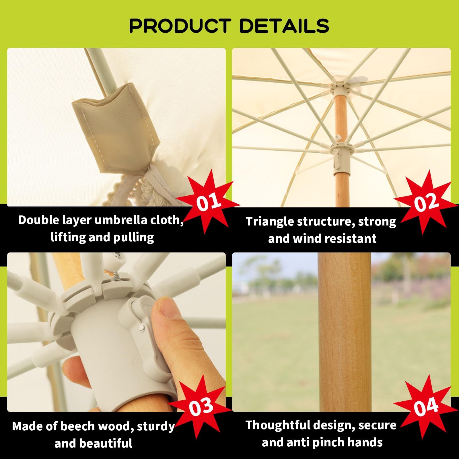 Ombrello da patio da 1,8 m, stile boho, in metallo, con protezione UPF 50+, regolabile, inclinabile, anti-pizzico, facile da trasportare, per giardino, cortile, piscina, spiaggia