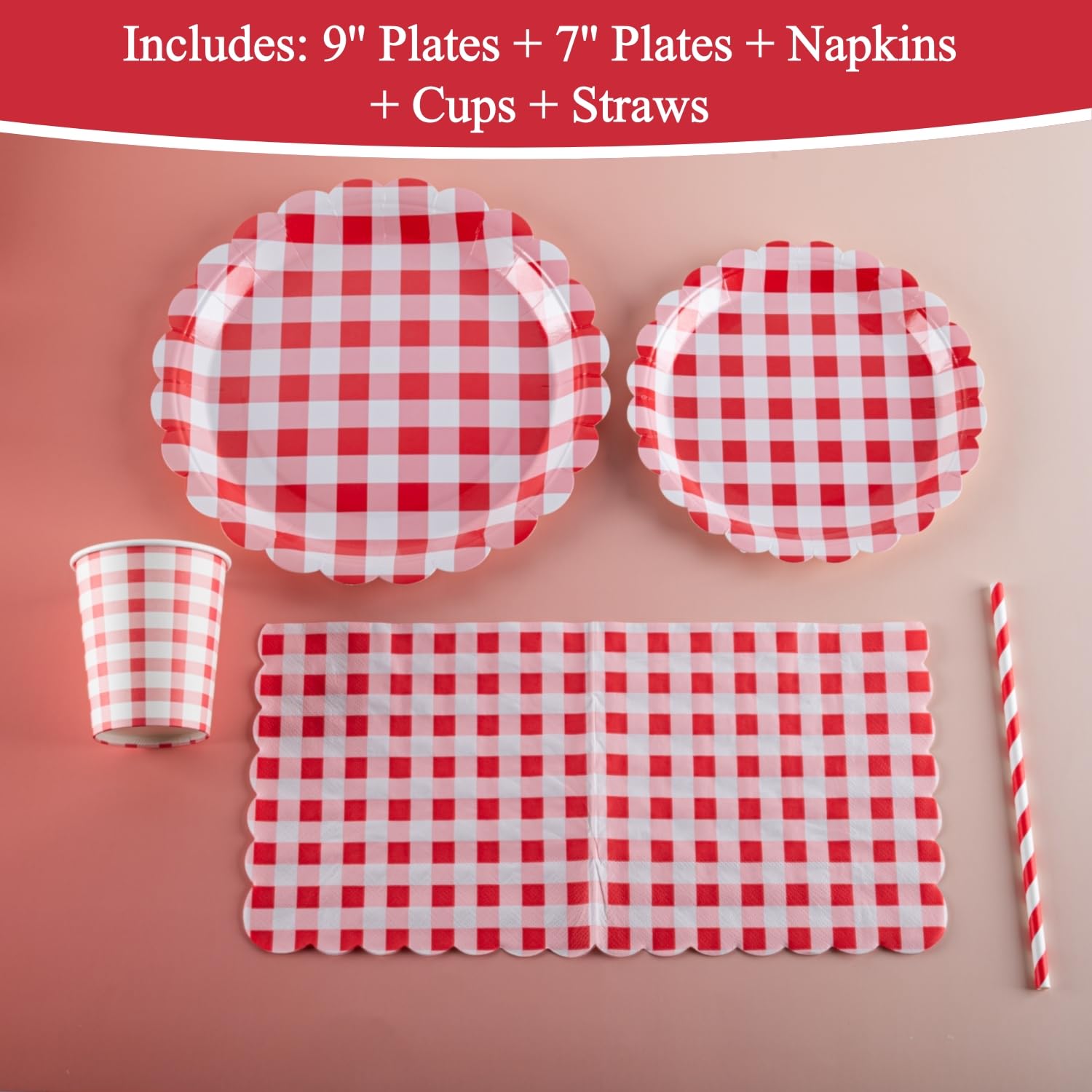 Set di piatti per feste, bicchieri e tovaglioli per 25 ospiti, include piatti di carta smerlati a quadretti rossi (17,8 e 22,9 cm), perfetti per feste, eventi e celebrazioni
