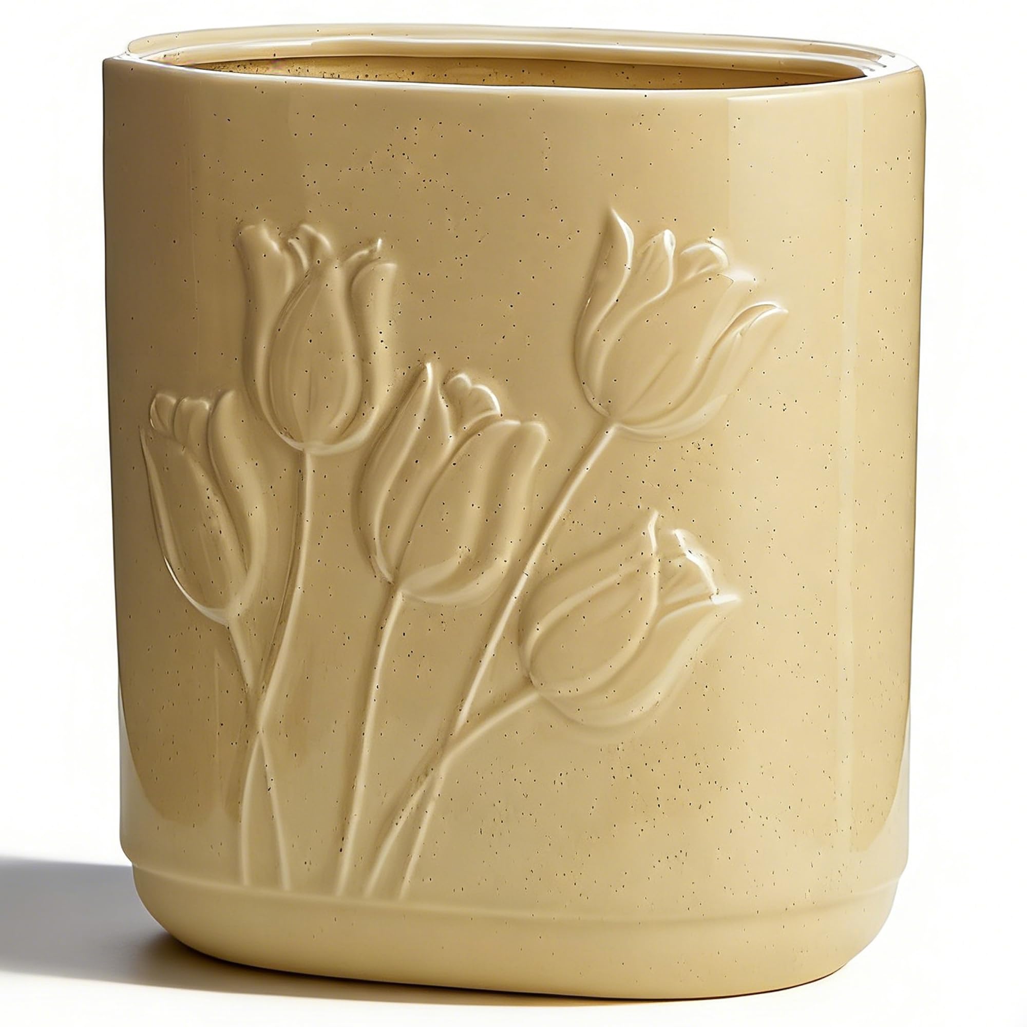 Beige Ceramic Tulips Small Bathroom Trash Can 2 6 Gal 10 Liter - Heavy Decorative Garbage Bin for