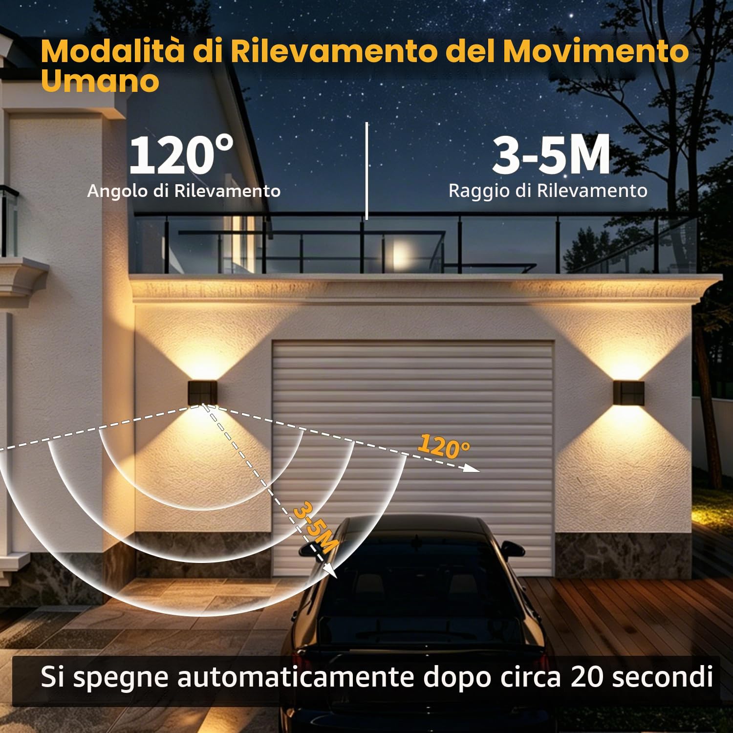 2 Pezzi Lampada Solare da Esterno con Sensore da Movimento, Applique da Esterno Solare 3000K 3 Modo Angolo del Fascio Regolabile Luci LED Solare IP65 Impermeabile per Recinzione Giardino Patio Strada