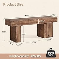 Vista 2 de Banco de madera maciza gruesa, banco de entrada rústico de 47 pulgadas con patas artísticas, banco de comedor resistente para cocina, sala de estar