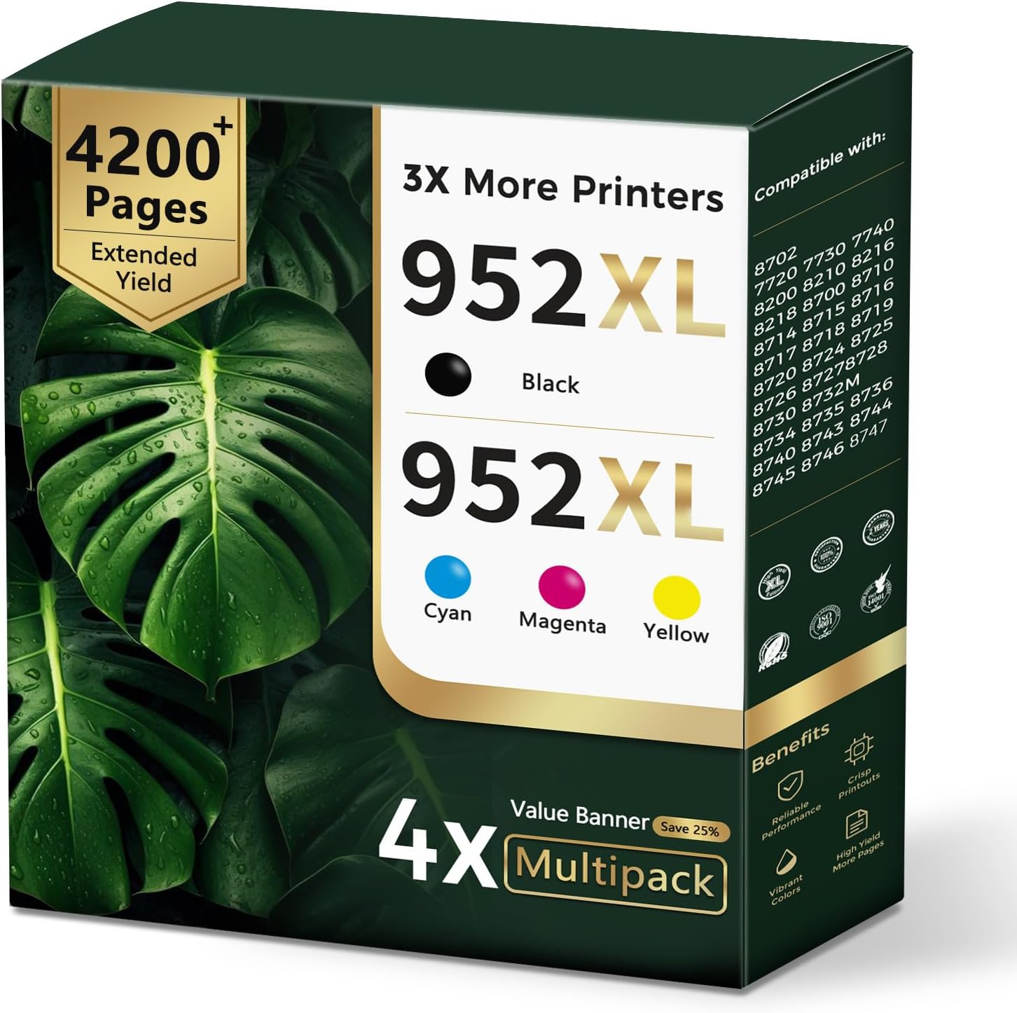 Compatible 952XL Black Tri Color Ink Cartridge Replacement for HP 952 XL Work with Officejet Pro 8710 7740 Printers 8720 8702 8210 7720 8715 8730 8740 8216 8725 7730(Black Cyan Magenta Yellow 4 Pack)