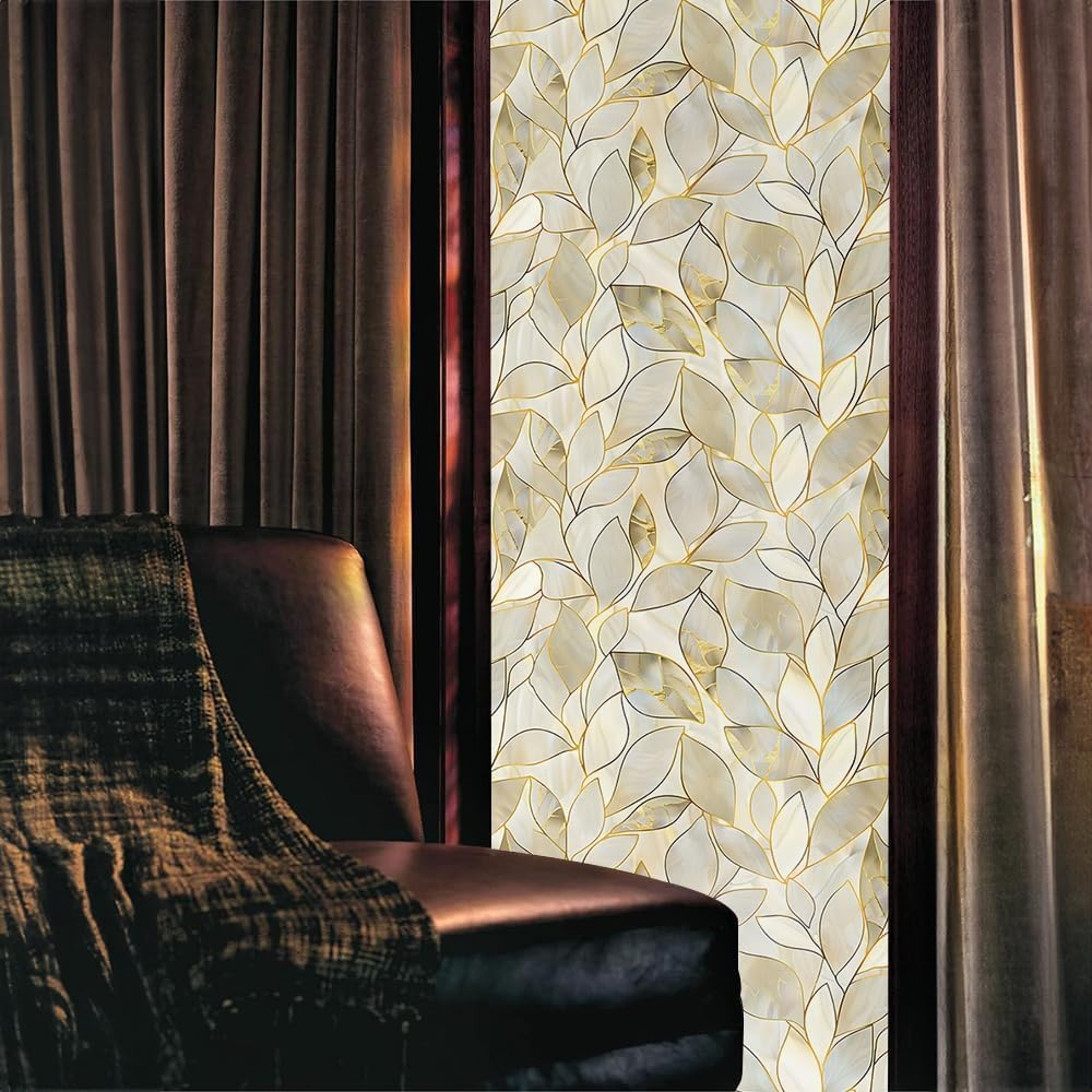 Vintage Yellow Golden Pale Leaf Elegant Stained Glass Window Privacy Films Decorative Double-Side Privacy Film Self-Adhesive Static Window Clings Stickers for Living Room Bathroom Glass Windows Decor