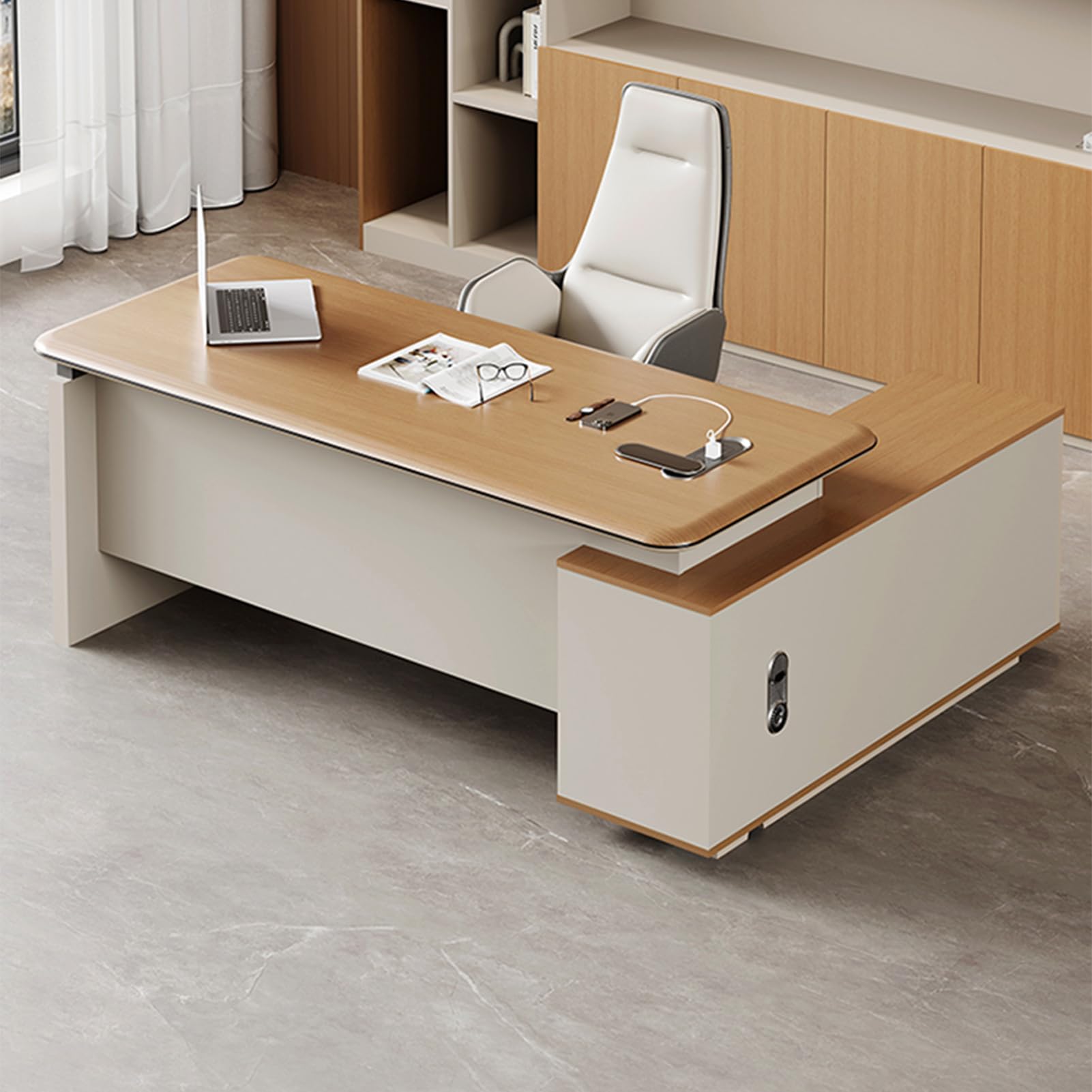 YZABEL 78 inch Executive Desk with Widen File Drawers and Power Outlets L Shaped Computer Desk with Lateral