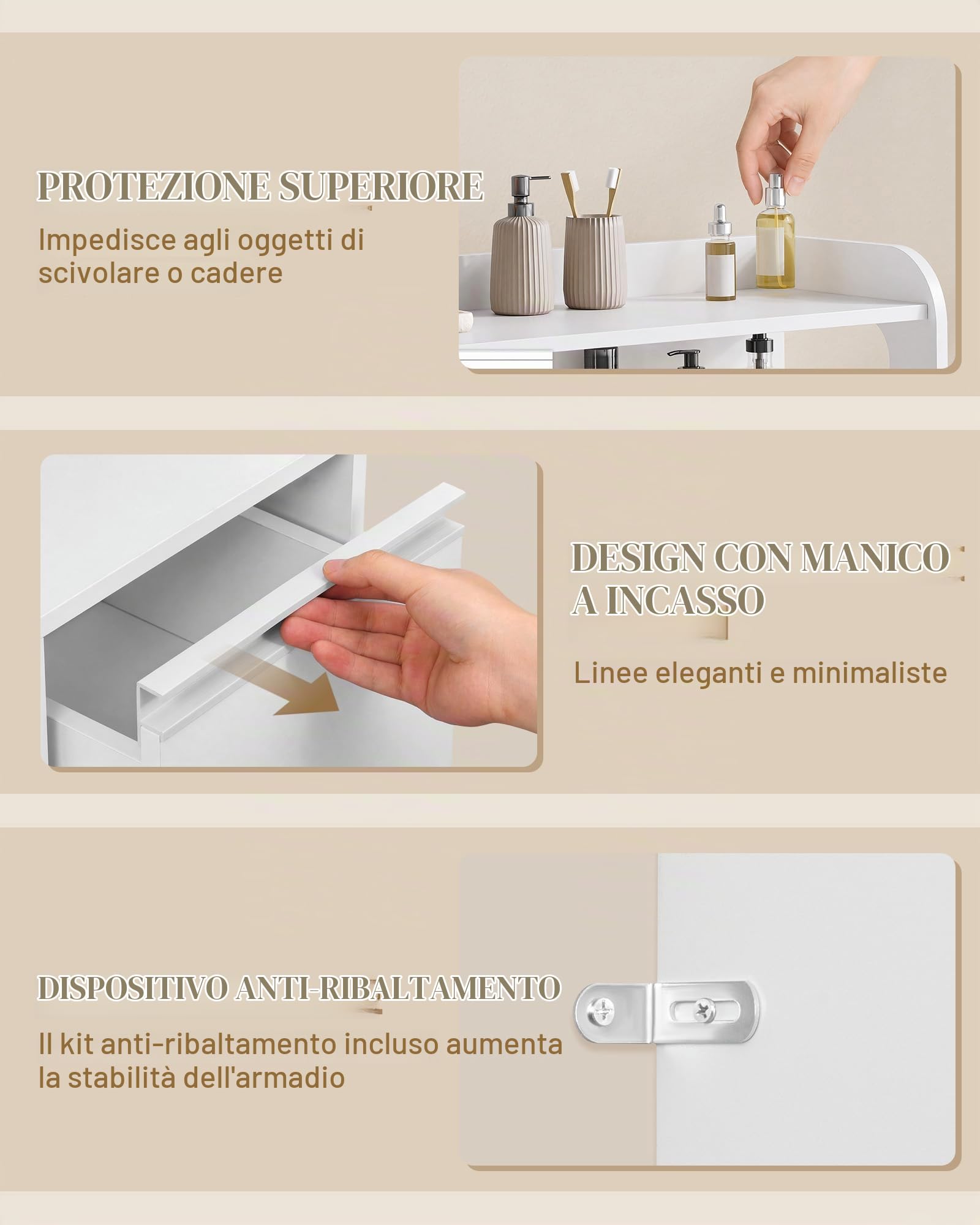 Hzuaneri Mobile Bagno, 2 Anta, 3 cajones, Ripiani Regolabili, Grande Capacità di Stoccaggio, Moderno, per Soggiorno o Bagno, Dimensioni, 30 x 80 x 92 cm, Bianco 5280003X
